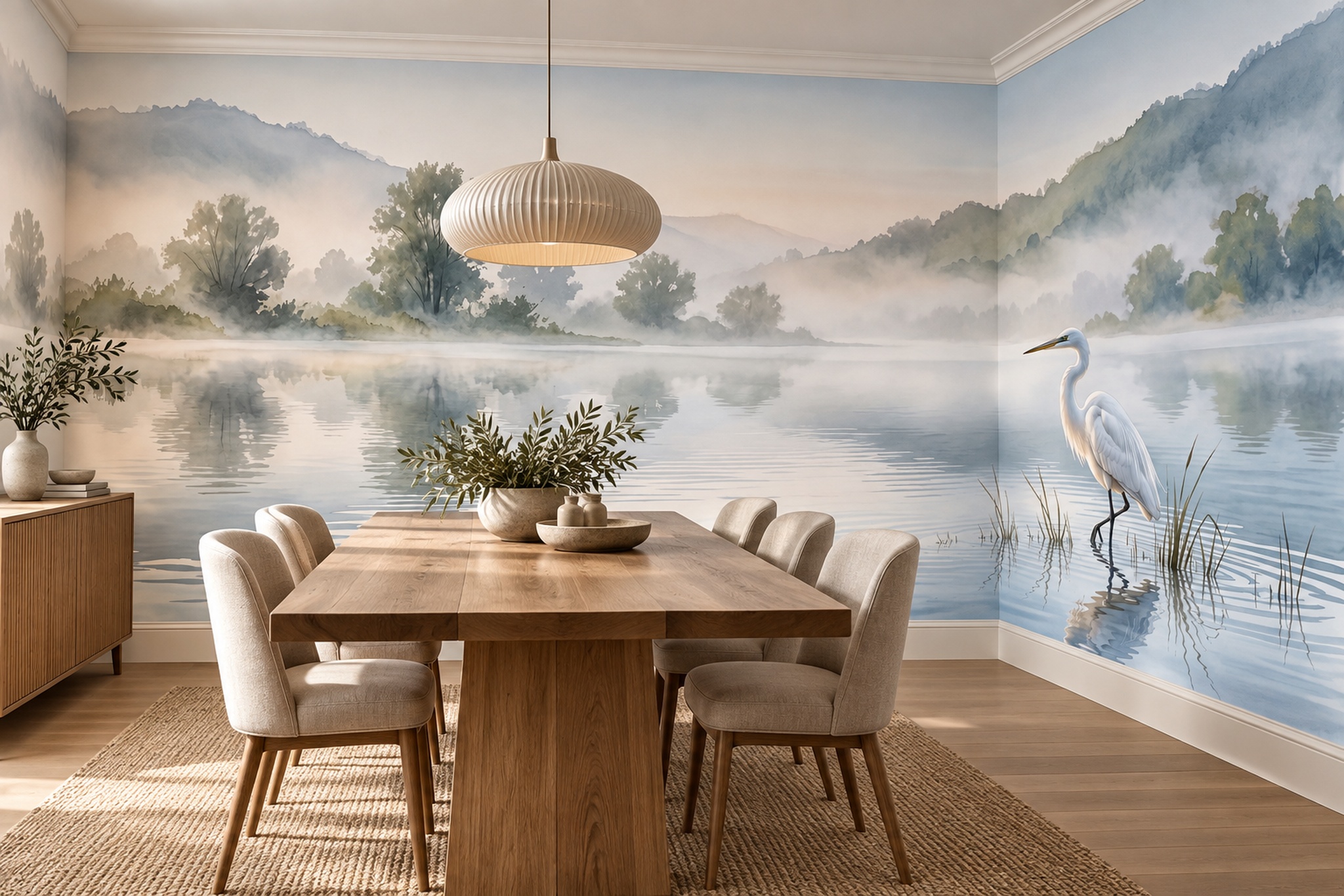 Blue Heron Illustrated Painterly Wallpaper Mural Dining-room-wallpaper-murals, Shown In A Dining Room, Peel-and-stick Finish