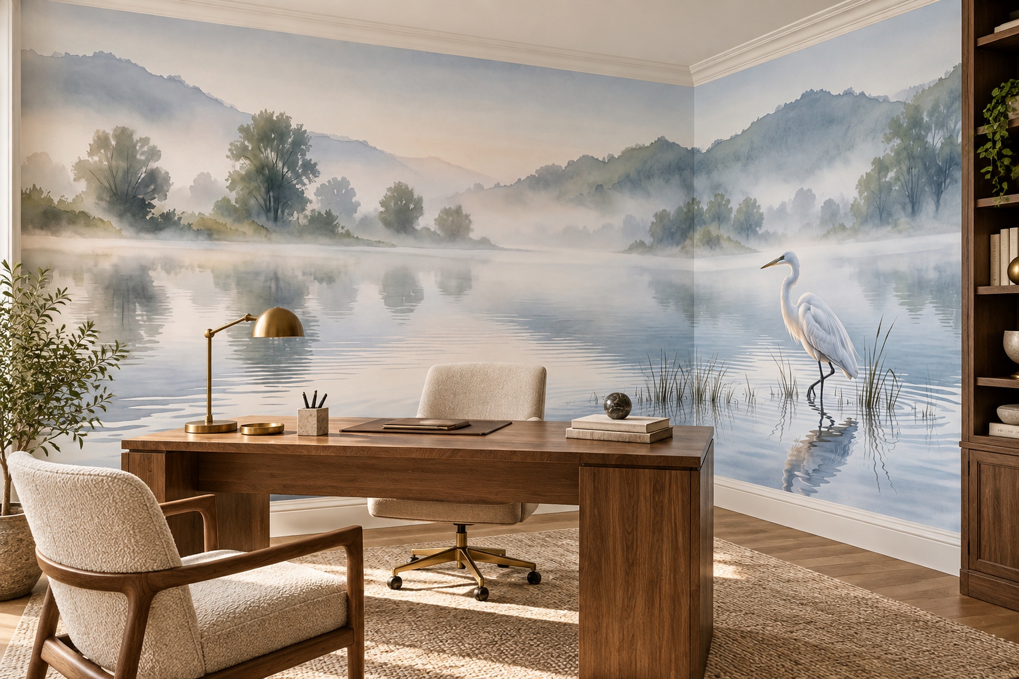 White Egret In A Misty Blue Lake Wallpaper Mural — Wallpaper Mural Design, Peel-and-stick Finish