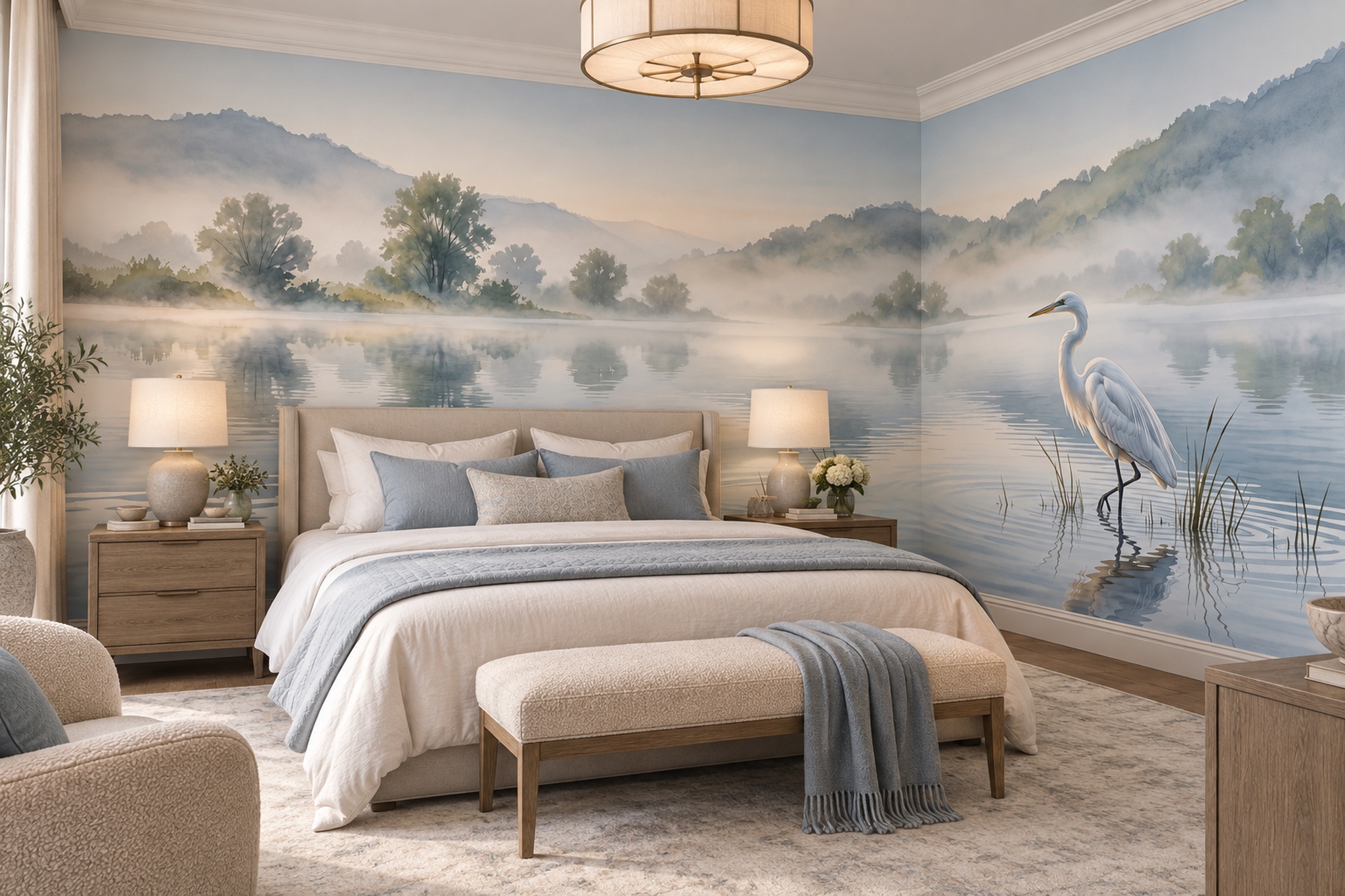 Blue Heron Illustrated Painterly Wallpaper Mural Home-office-wallpaper-murals, Peel-and-stick Finish