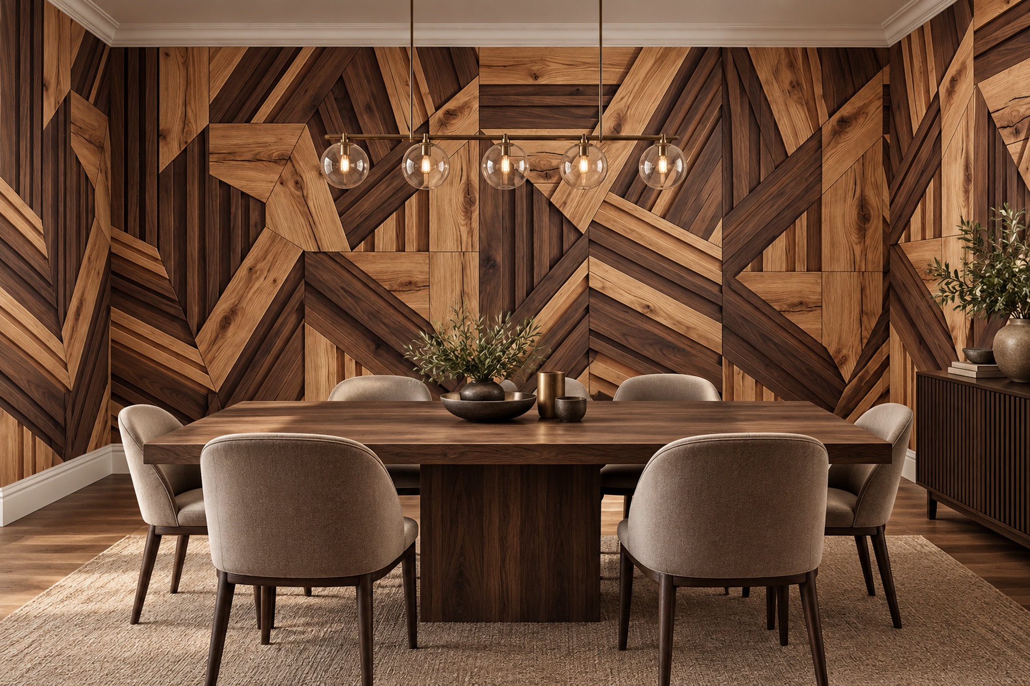 Brown Wood Decorative Wallpaper Mural Dining-room-wallpaper-murals, Shown In A Dining Room, Peel-and-stick Finish