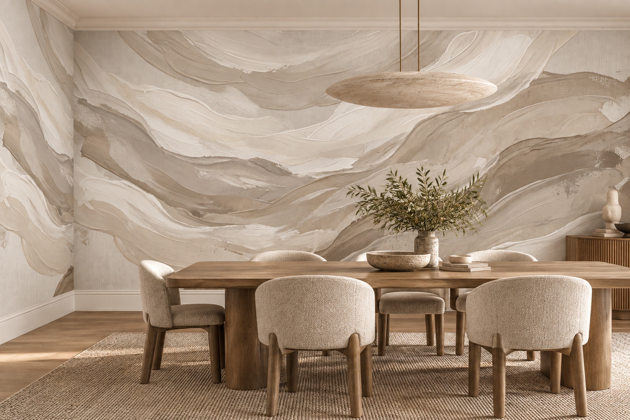Beige Waves Artful Abstract Wallpaper Mural Dining-room-wallpaper-murals, Peel-and-stick Finish