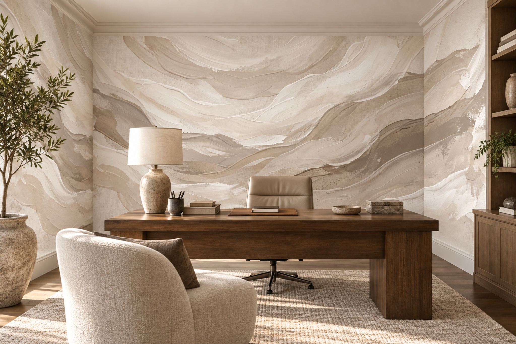 Beige Waves Artful Abstract Wallpaper Mural Home-office-wallpaper-murals, Peel-and-stick Finish