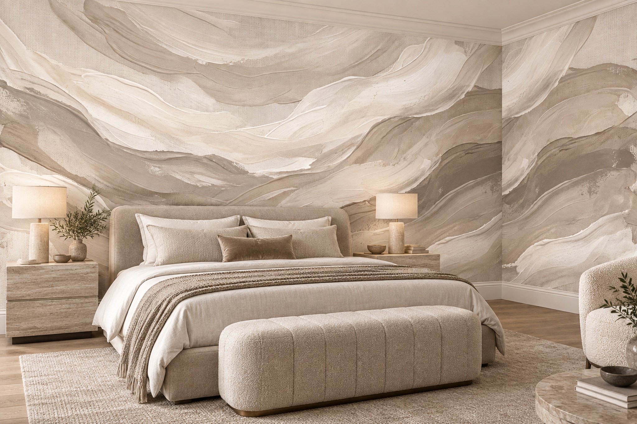 Beige Waves Artful Abstract Wallpaper Mural Bedroom-wallpaper-murals, Peel-and-stick Finish