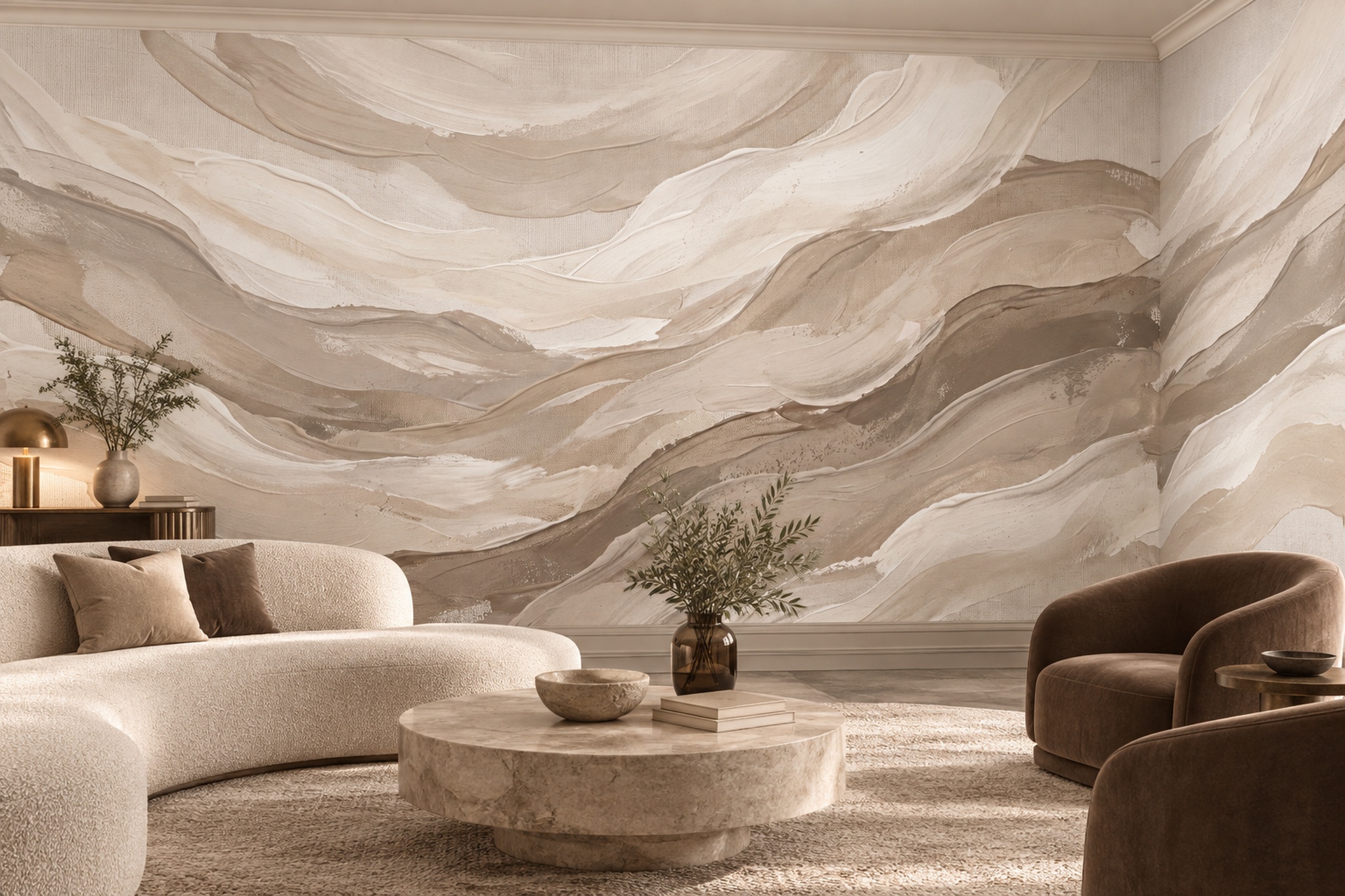 Beige Waves Artful Abstract Wallpaper Mural Bedroom-wallpaper-murals, Peel-and-stick Finish