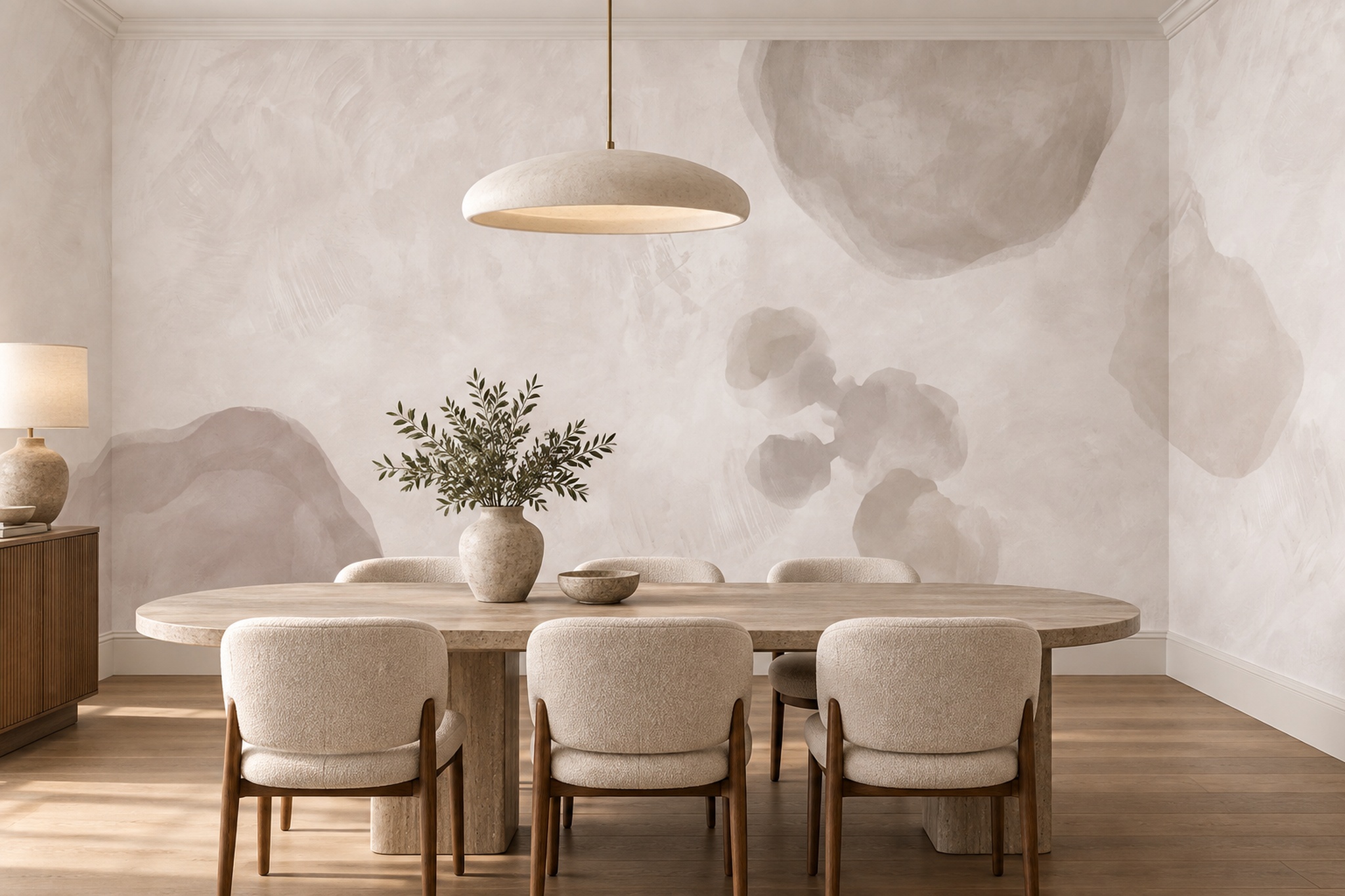Beige Washed Artful Wallpaper Mural Dining-room-wallpaper-murals, Shown In A Dining Room, Peel-and-stick Finish