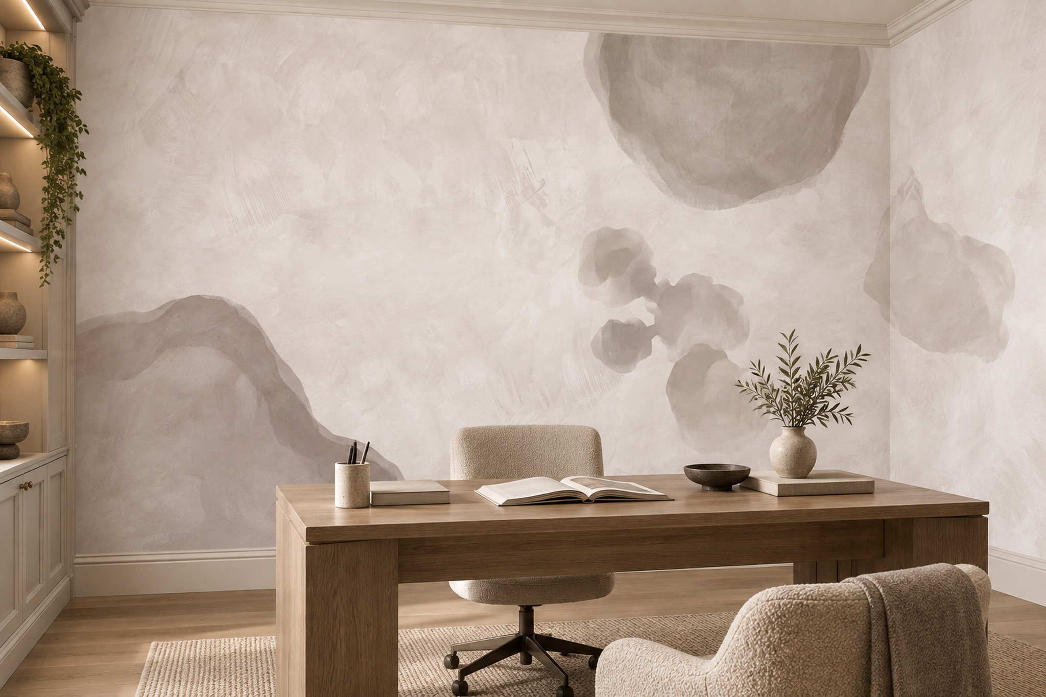 Beige Washed Artful Wallpaper Mural Home-office-wallpaper-murals, Shown In A Home Office, Peel-and-stick Finish