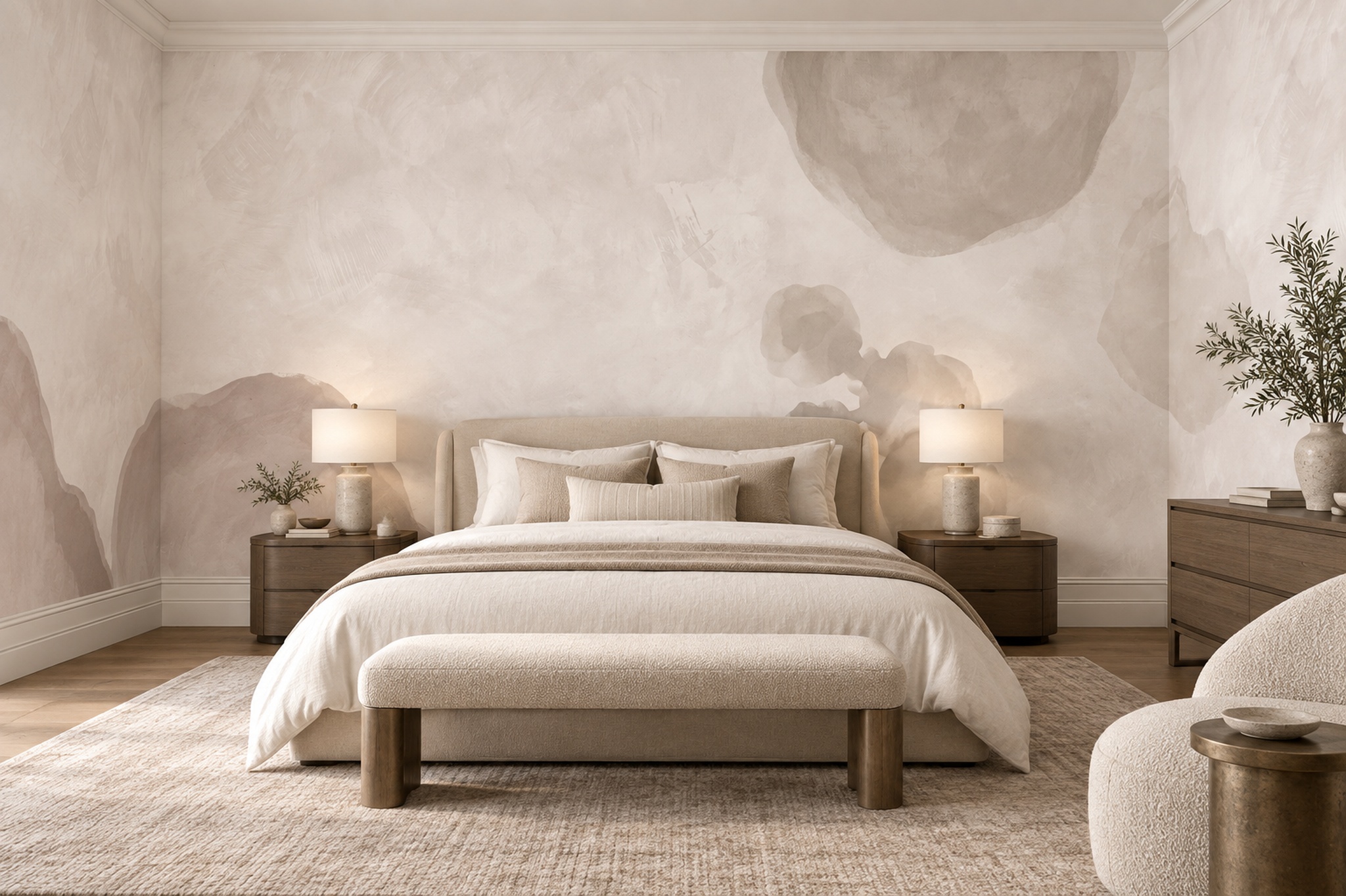 Beige Washed Artful Wallpaper Mural Bedroom-wallpaper-murals, Peel-and-stick Finish