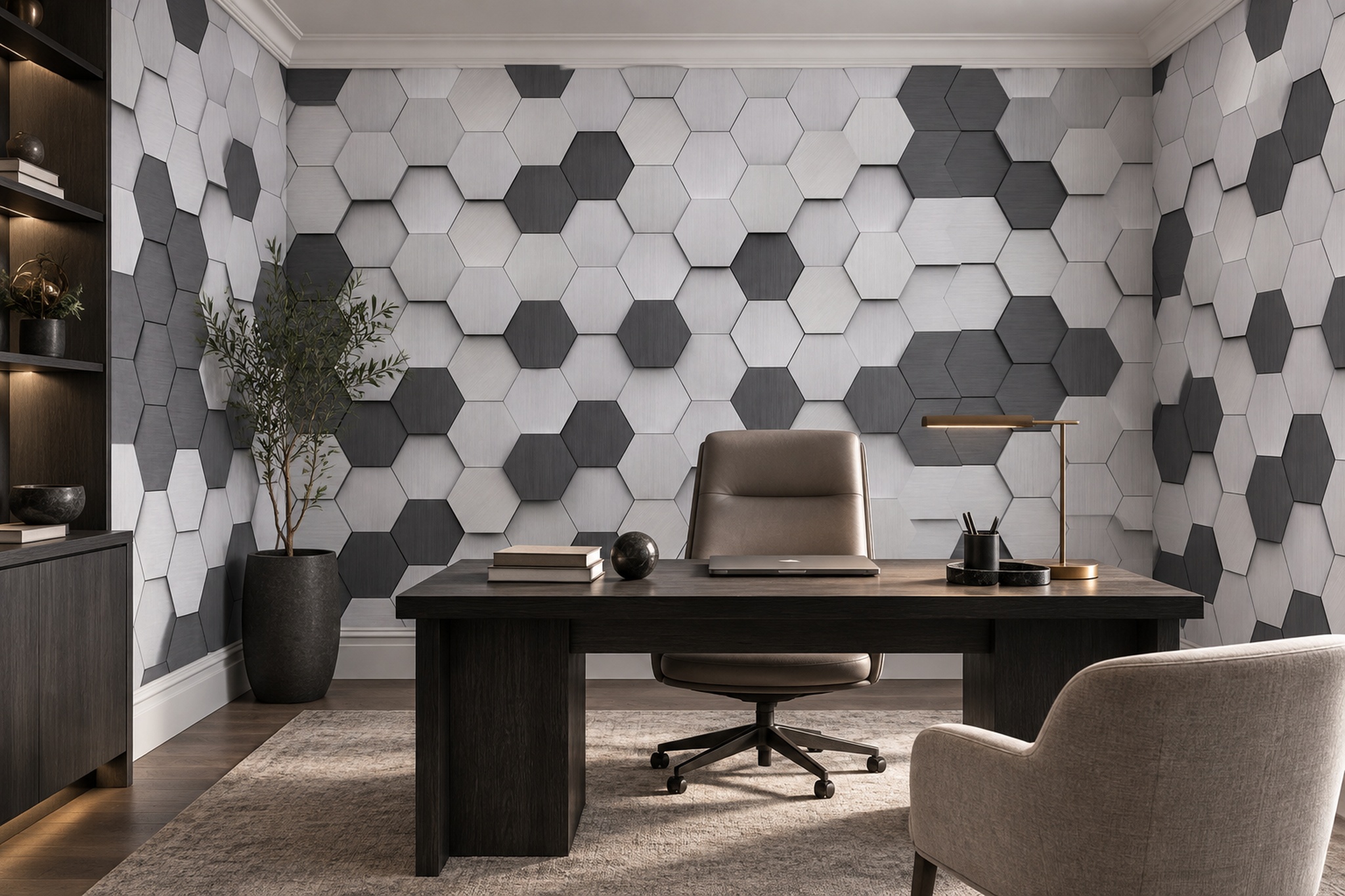 Grey Pattern Decorative Wallpaper Mural Layered Organic Forms Wallpaper Dining-room-wallpaper-murals, Shown In A Dining Room, Peel-and-stick Finish