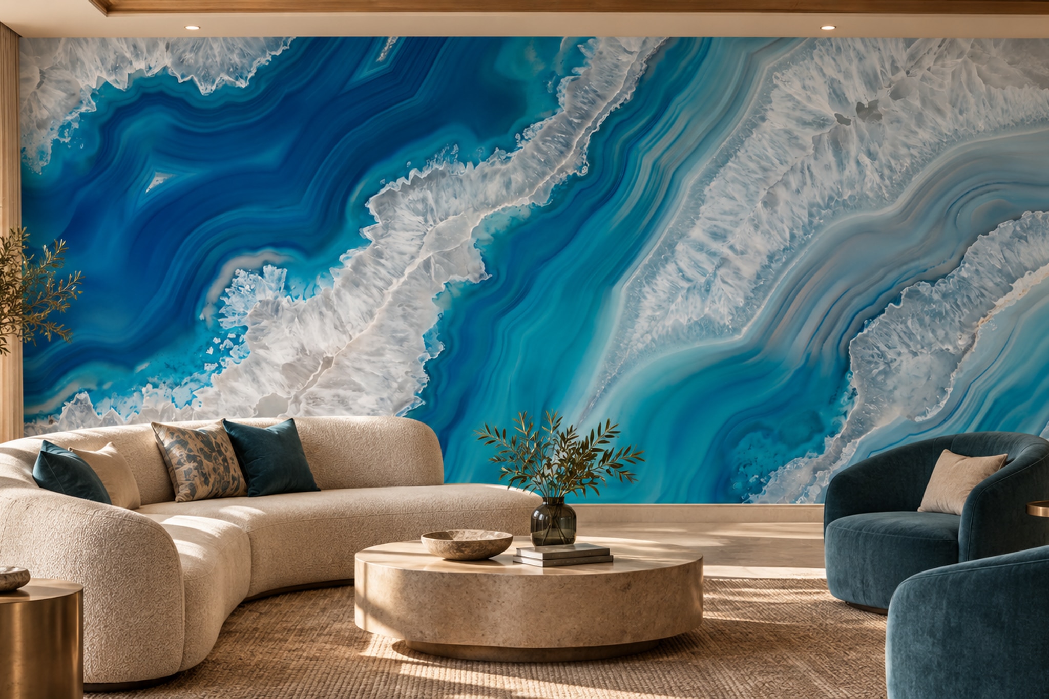 Teal Agate Decorative Wallpaper Mural Living-room-wallpaper-murals, Shown In A Living Room, Peel-and-stick Finish