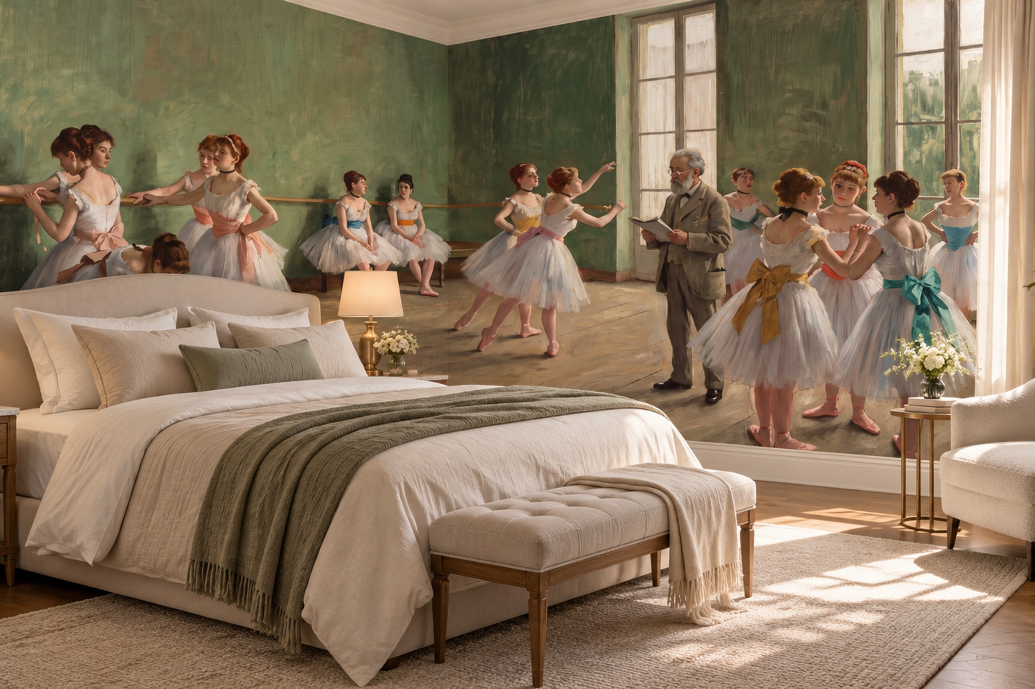 Green Pattern Decorative Wallpaper Mural Layered Painterly Marks Bedroom-wallpaper-murals, Peel-and-stick Finish