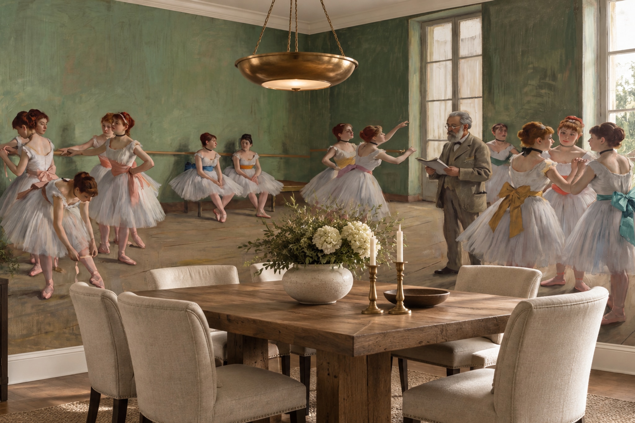 Green Pattern Decorative Wallpaper Mural Layered Painterly Marks Dining-room-wallpaper-murals, Peel-and-stick Finish