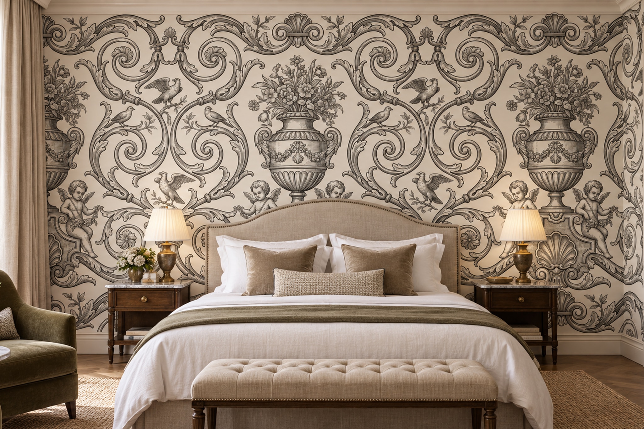 Grey Pattern Decorative Wallpaper Mural Layered Damask Wallpaper Mural Bedroom-wallpaper-murals, Peel-and-stick Finish