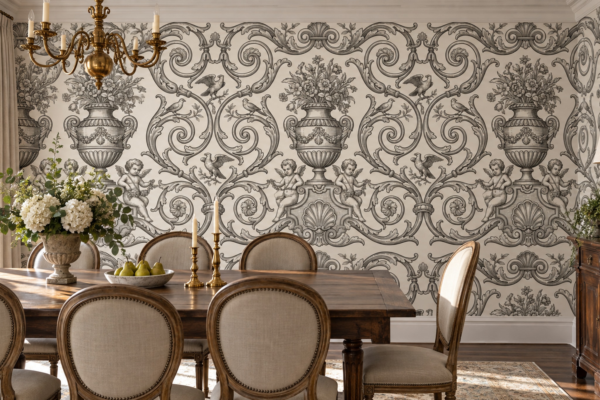 Grey Pattern Decorative Wallpaper Mural Layered Damask Wallpaper Mural Dining-room-wallpaper-murals, Shown In A Dining Room, Peel-and-stick Finish