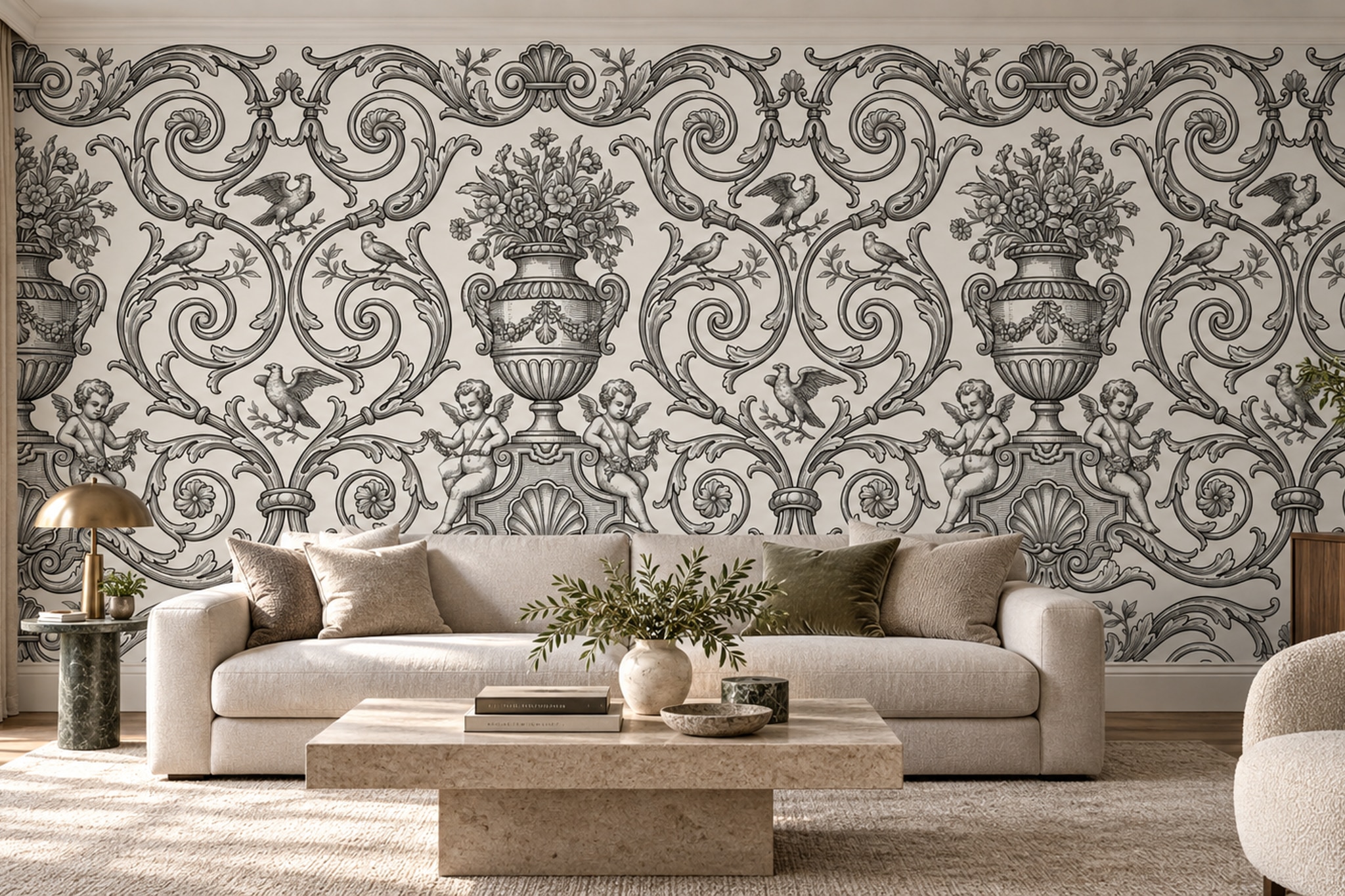 Taupe Classical Scrollwork Wallpaper Mural — Wallpaper Mural Design, Peel-and-stick Finish