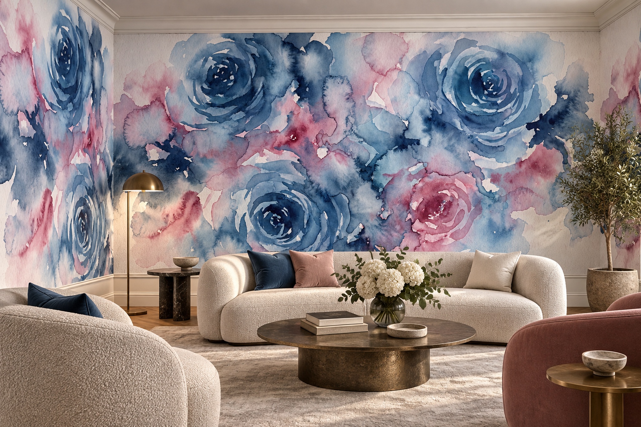 Blue Rose Botanical Vintage Wallpaper Mural Living-room-wallpaper-murals, Peel-and-stick Finish