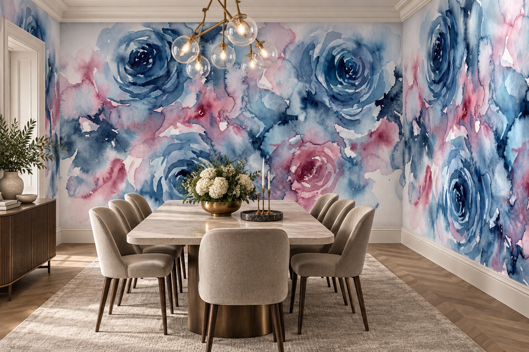 Blue Rose Botanical Vintage Wallpaper Mural Dining-room-wallpaper-murals, Shown In A Dining Room, Peel-and-stick Finish
