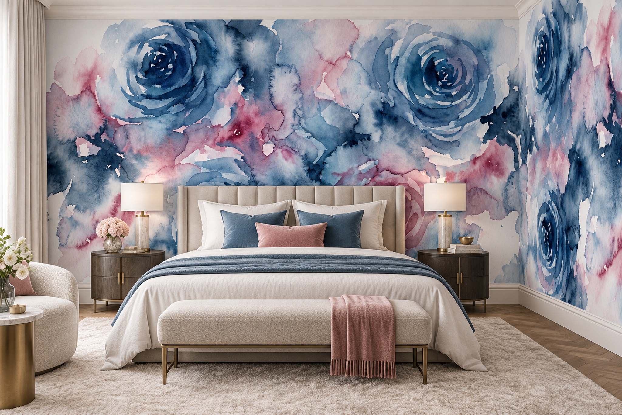 Blue Rose Botanical Vintage Wallpaper Mural Living-room-wallpaper-murals, Peel-and-stick Finish