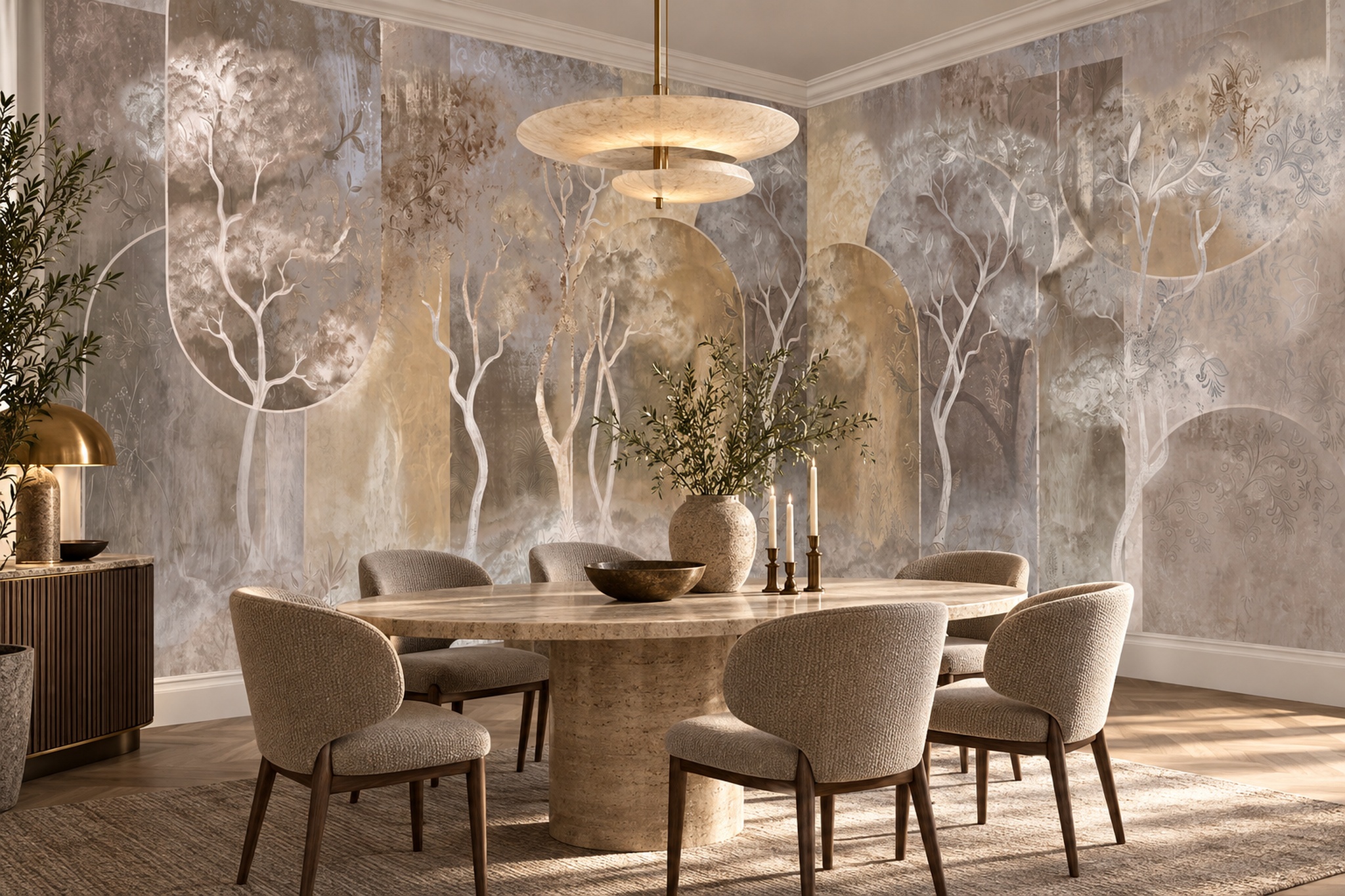 Neutral Geometric Forest Trees Wallpaper Mural — Wallpaper Mural Design, Peel-and-stick Finish