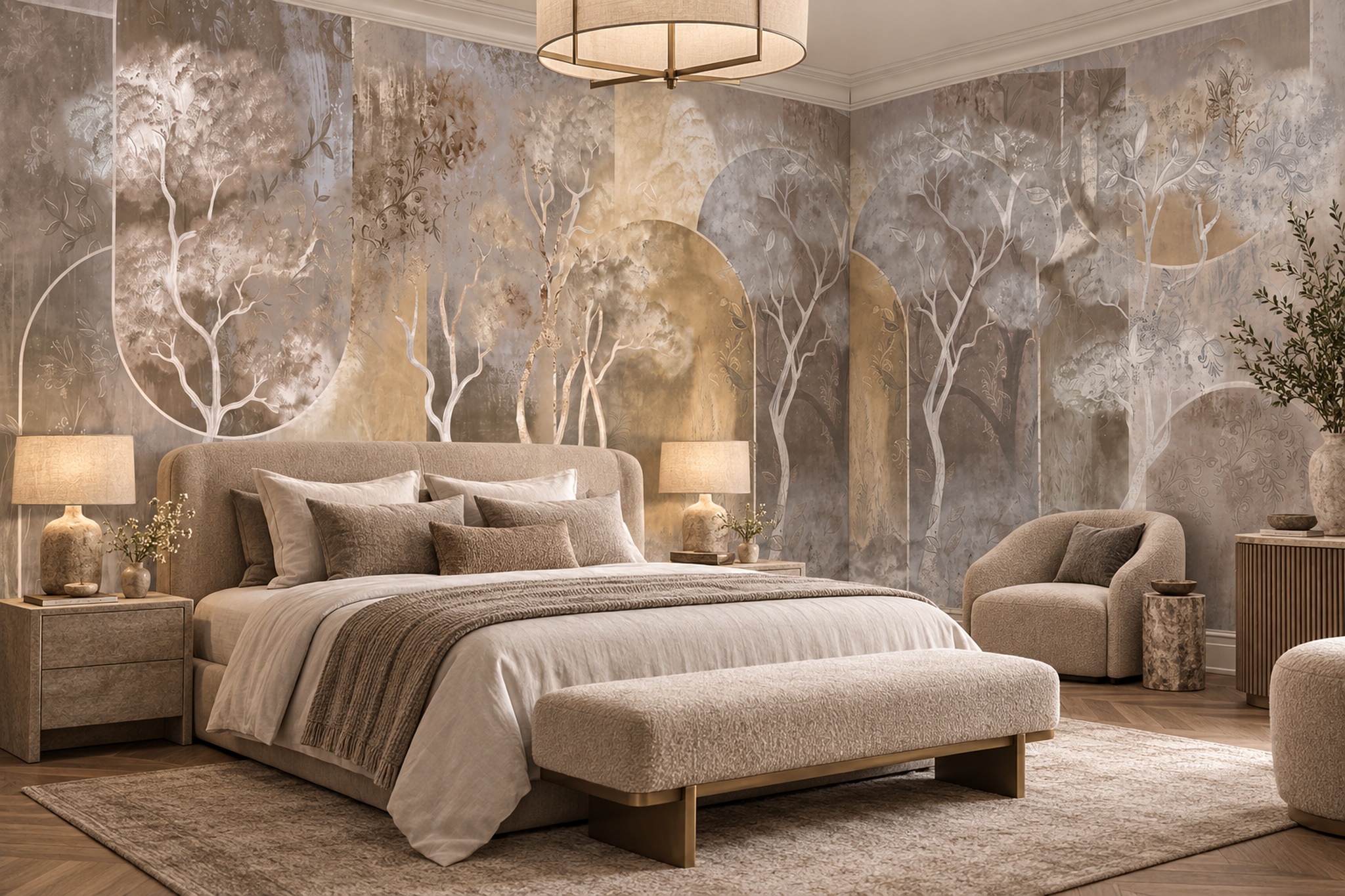 Gold Trees Scenic Decorative Wallpaper Mural Bedroom-wallpaper-murals, Peel-and-stick Finish