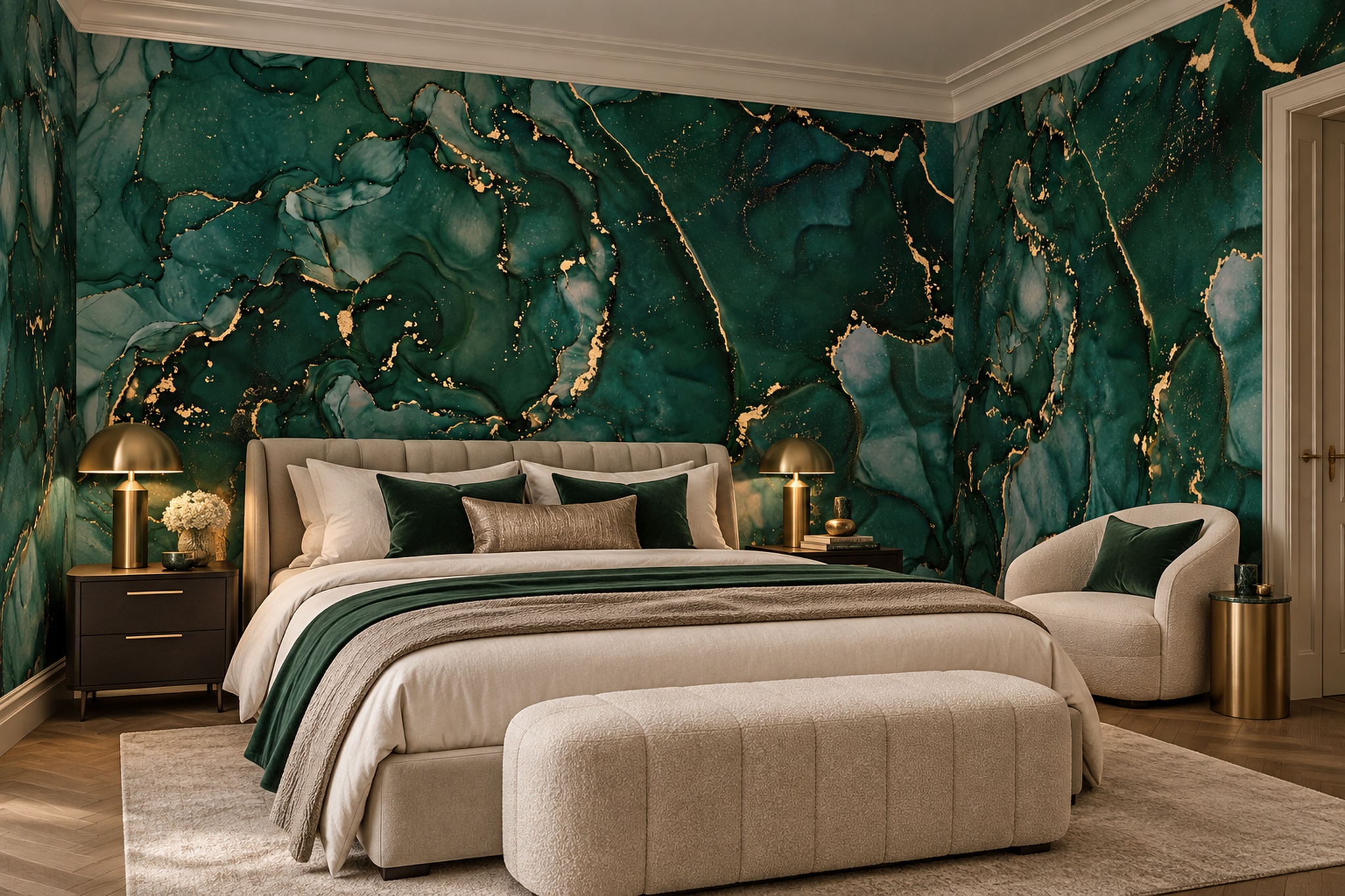 Green Marble Decorative Layered Wallpaper Mural Bedroom-wallpaper-murals, Peel-and-stick Finish