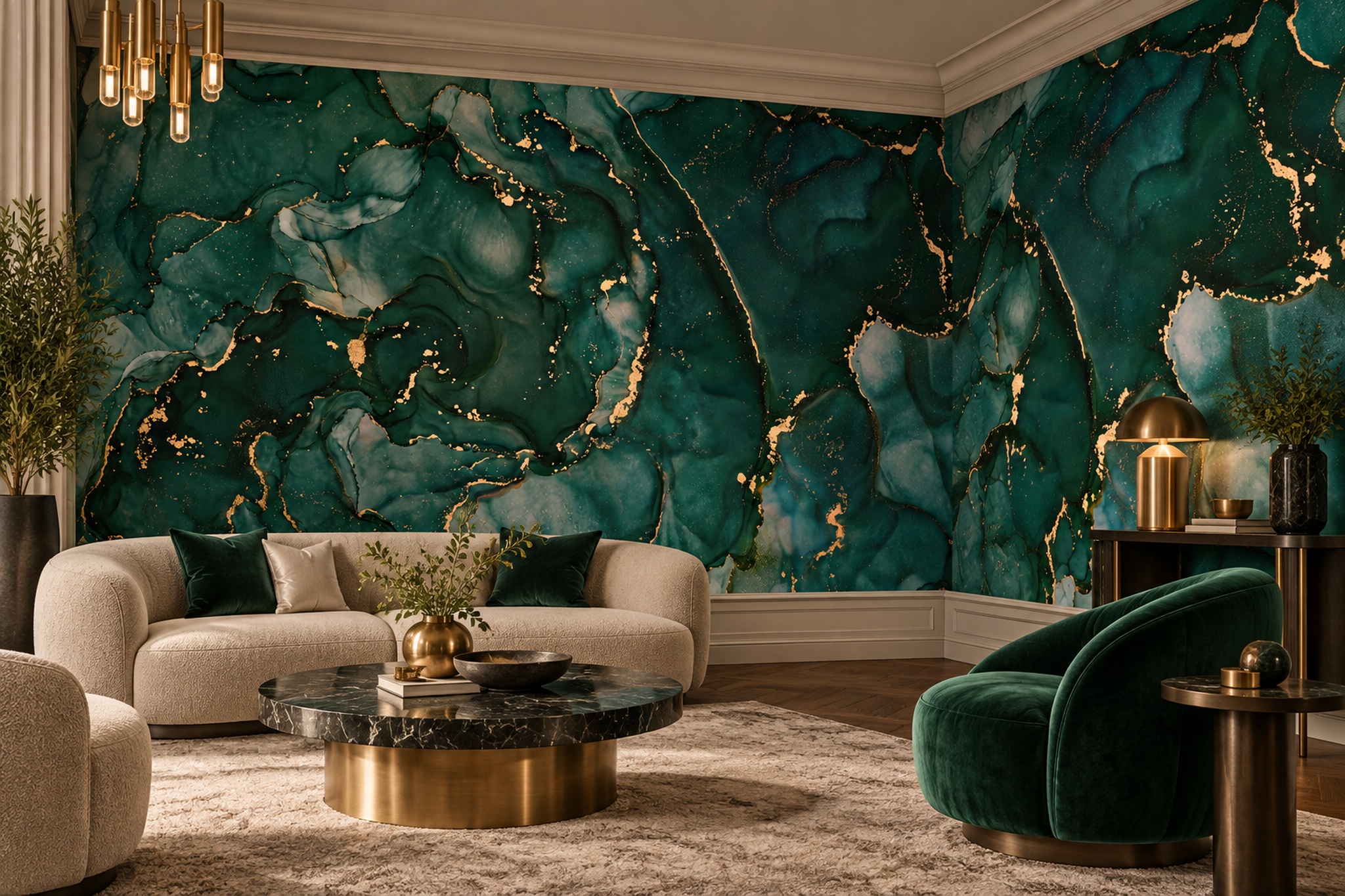 Green Marble Decorative Layered Wallpaper Mural Accent-wall-wallpaper-murals, Peel-and-stick Finish