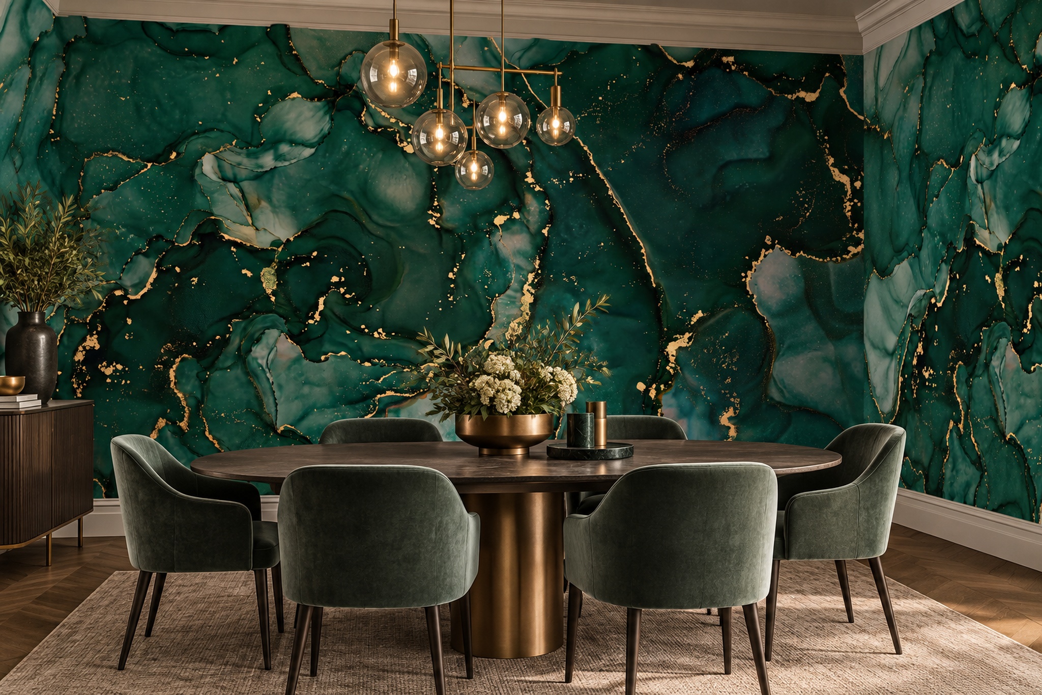 Green Marble Decorative Layered Wallpaper Mural Dining-room-wallpaper-murals, Shown In A Dining Room, Peel-and-stick Finish
