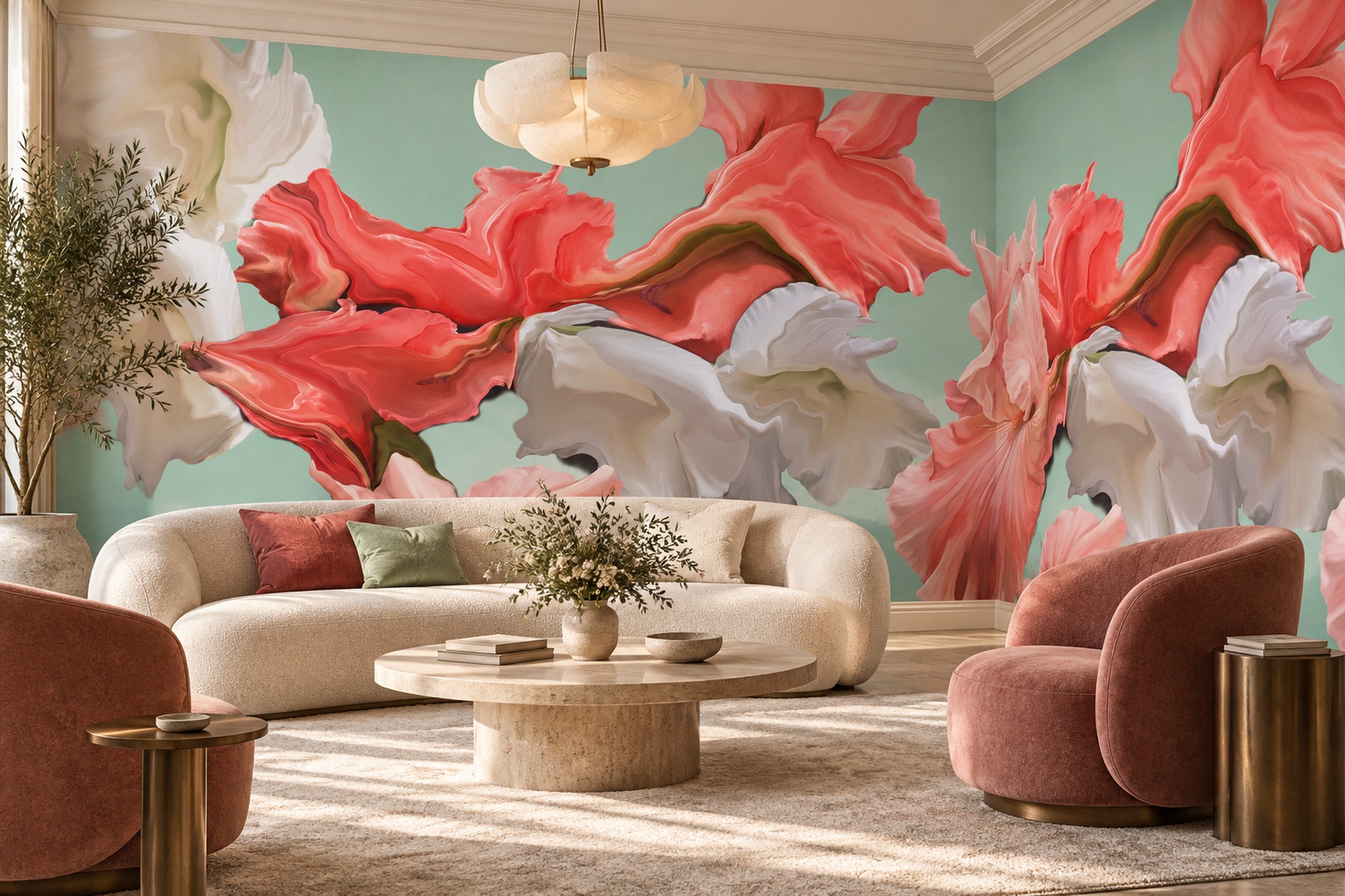 Coral And Blush Oversized Flower Wallpaper Mural — Wallpaper Mural Design, Peel-and-stick Finish