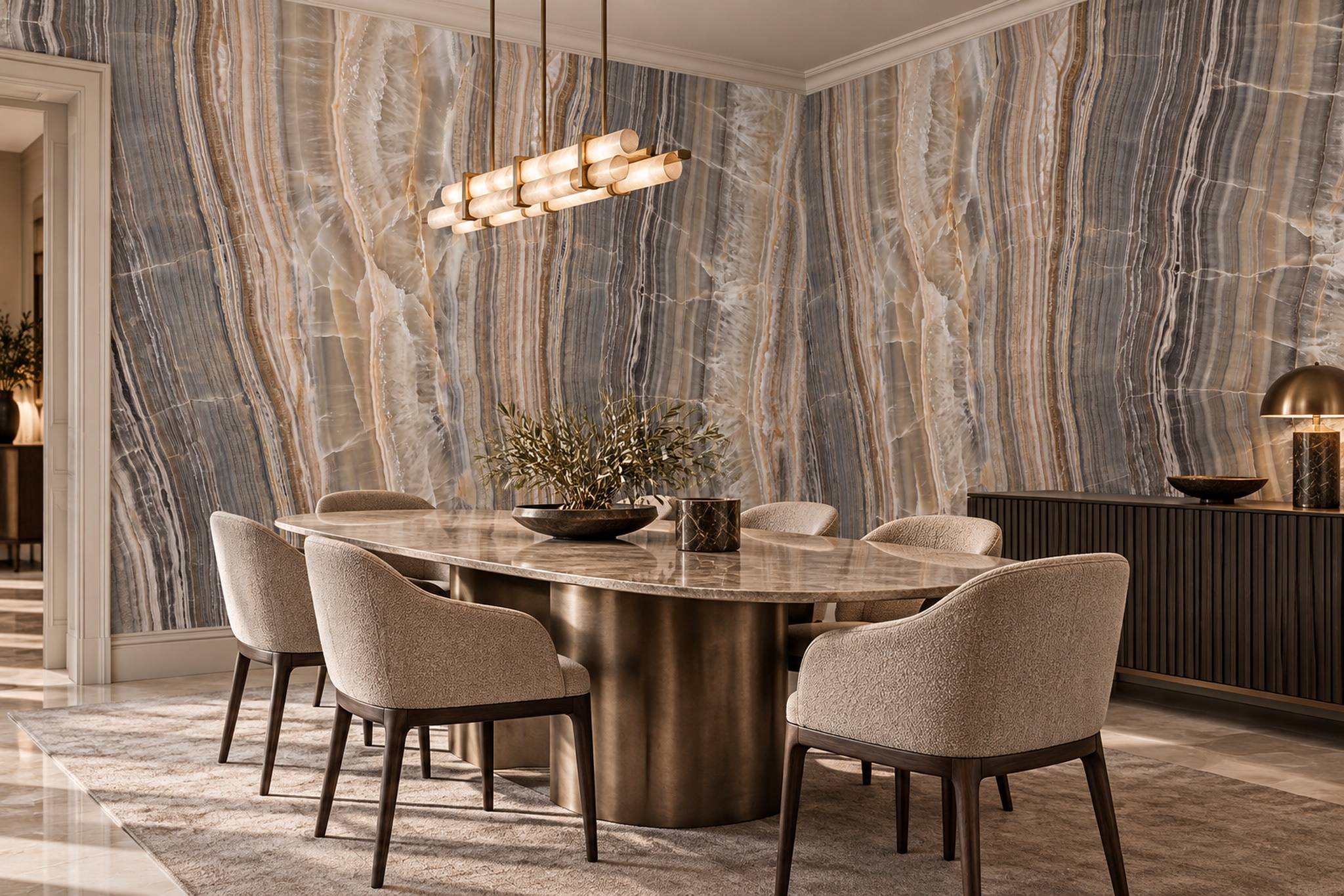 Brown Agate Decorative Wallpaper Mural Dining-room-wallpaper-murals, Shown In A Dining Room, Peel-and-stick Finish