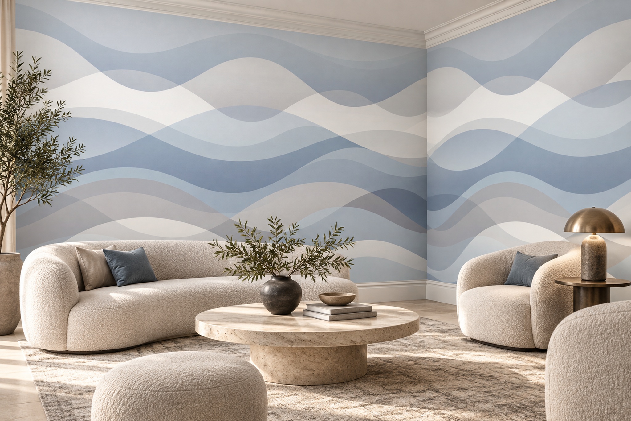 Blue And Neutral Layered Wave Wallpaper Mural — Wallpaper Mural Design, Peel-and-stick Finish