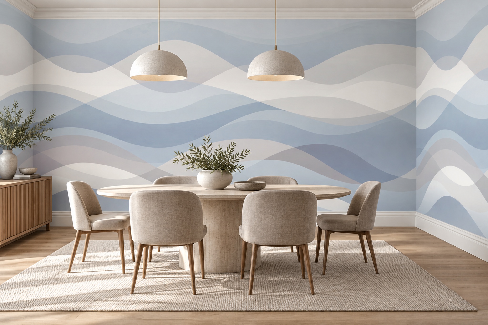Blue Waves Artful Textured Wallpaper Mural Dining-room-wallpaper-murals, Shown In A Dining Room, Peel-and-stick Finish