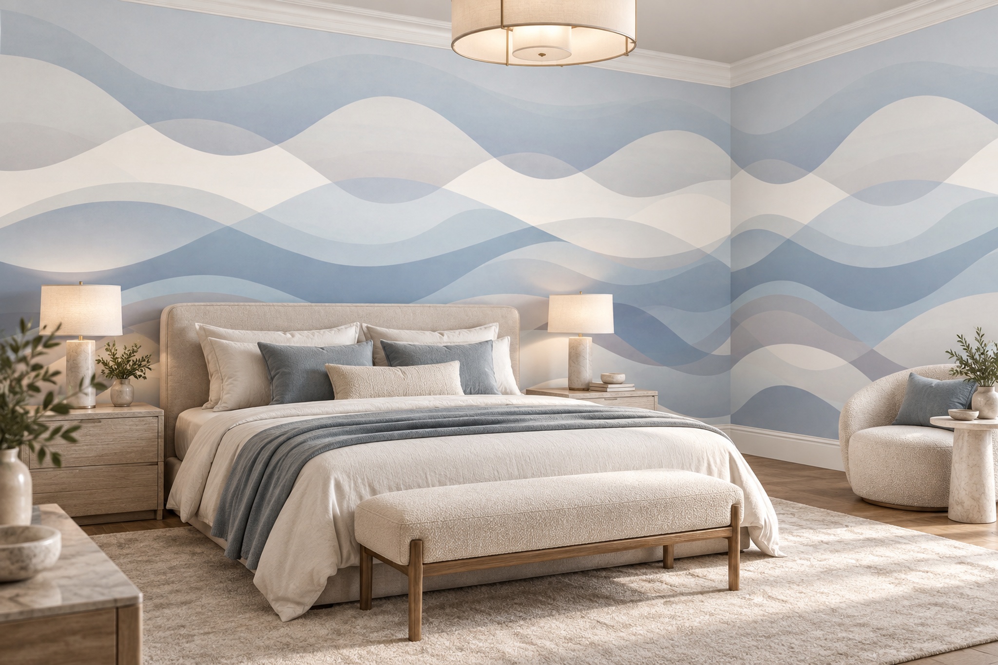 Blue Waves Artful Textured Wallpaper Mural Bedroom-wallpaper-murals, Peel-and-stick Finish