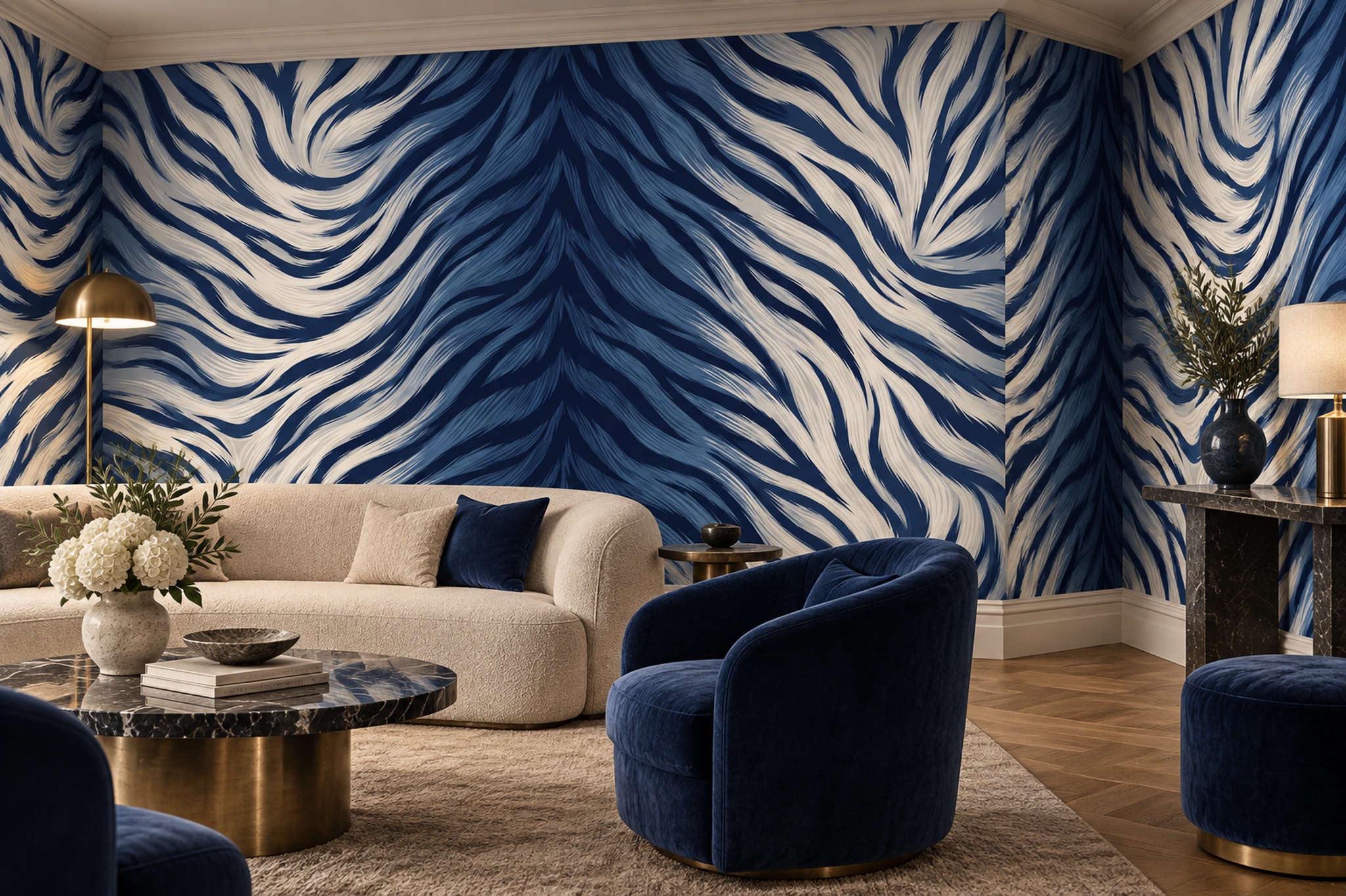 Navy Zebra Wallpaper Mural, Shown In A Living Room, Peel-and-stick Finish