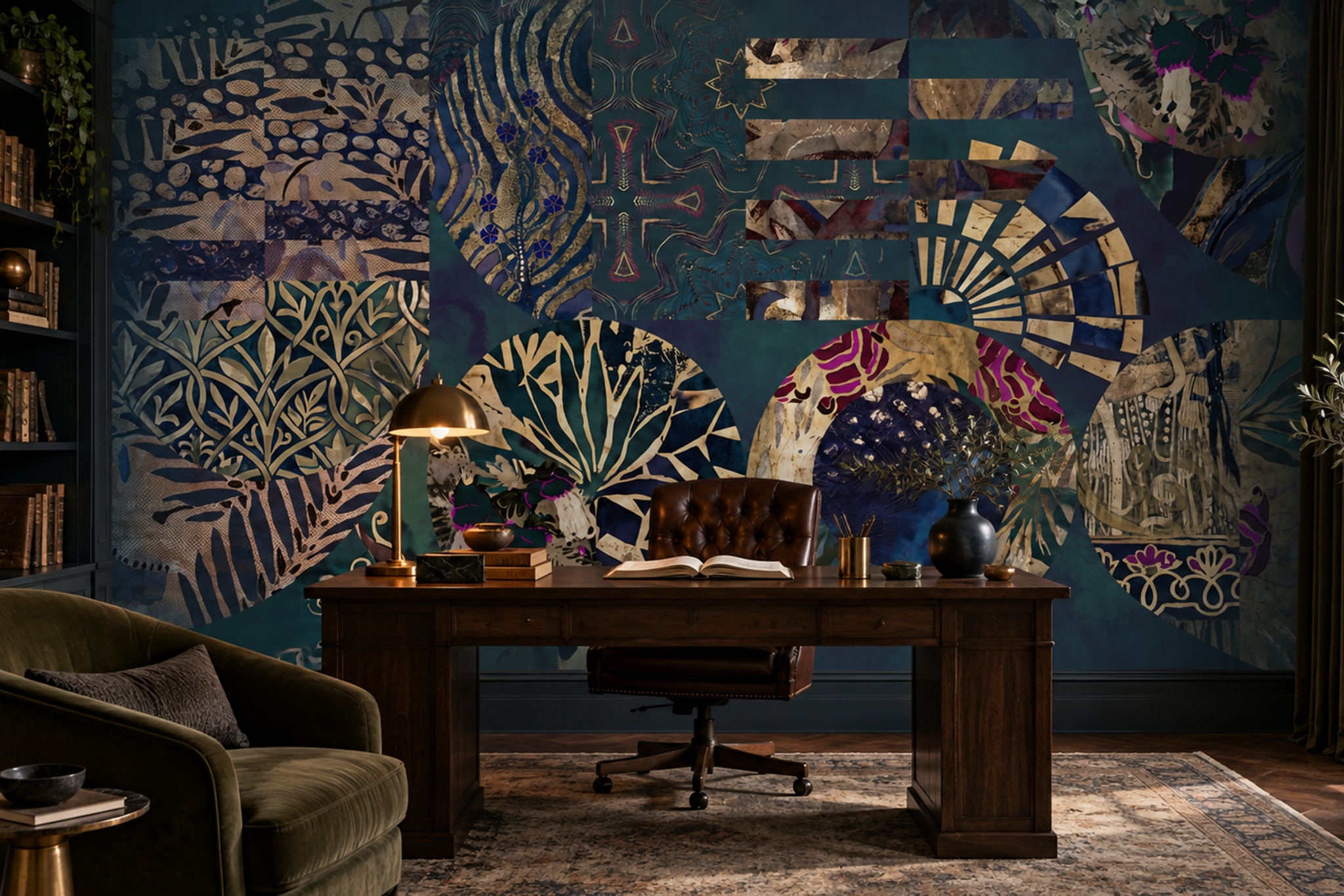 Teal Pattern Decorative Wallpaper Mural Layered Painterly Wallpaper Bedroom-wallpaper-murals, Peel-and-stick Finish