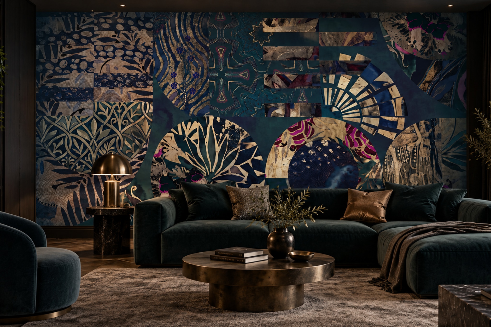 Teal Pattern Decorative Wallpaper Mural Layered Painterly Wallpaper Dining-room-wallpaper-murals, Shown In A Dining Room, Peel-and-stick Finish