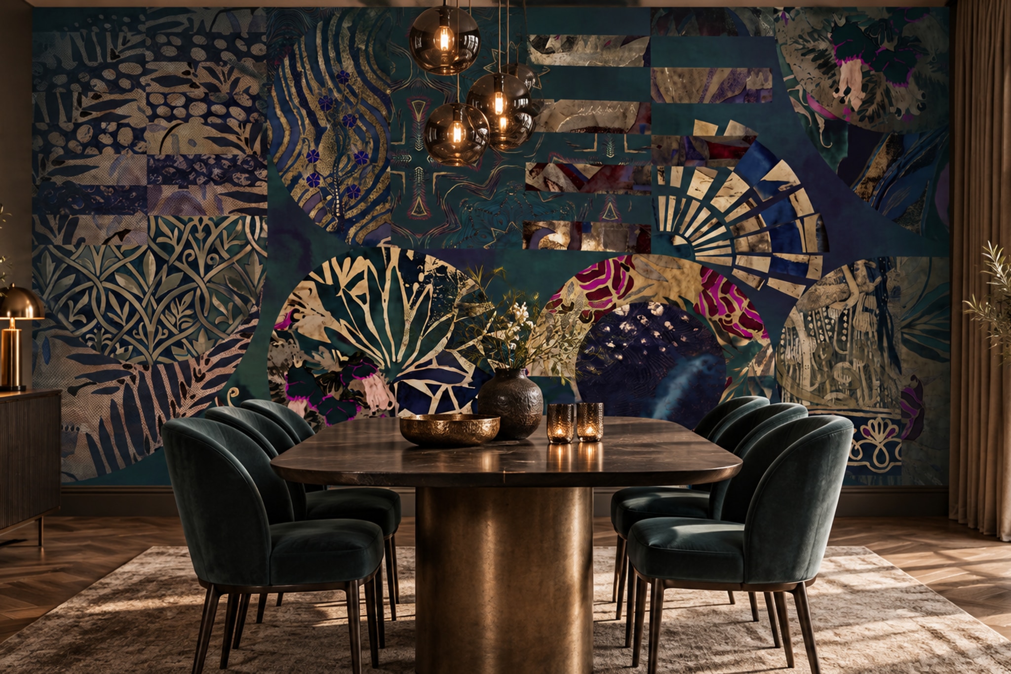 Teal Pattern Decorative Wallpaper Mural Layered Painterly Wallpaper Accent-wall-wallpaper-murals, Peel-and-stick Finish