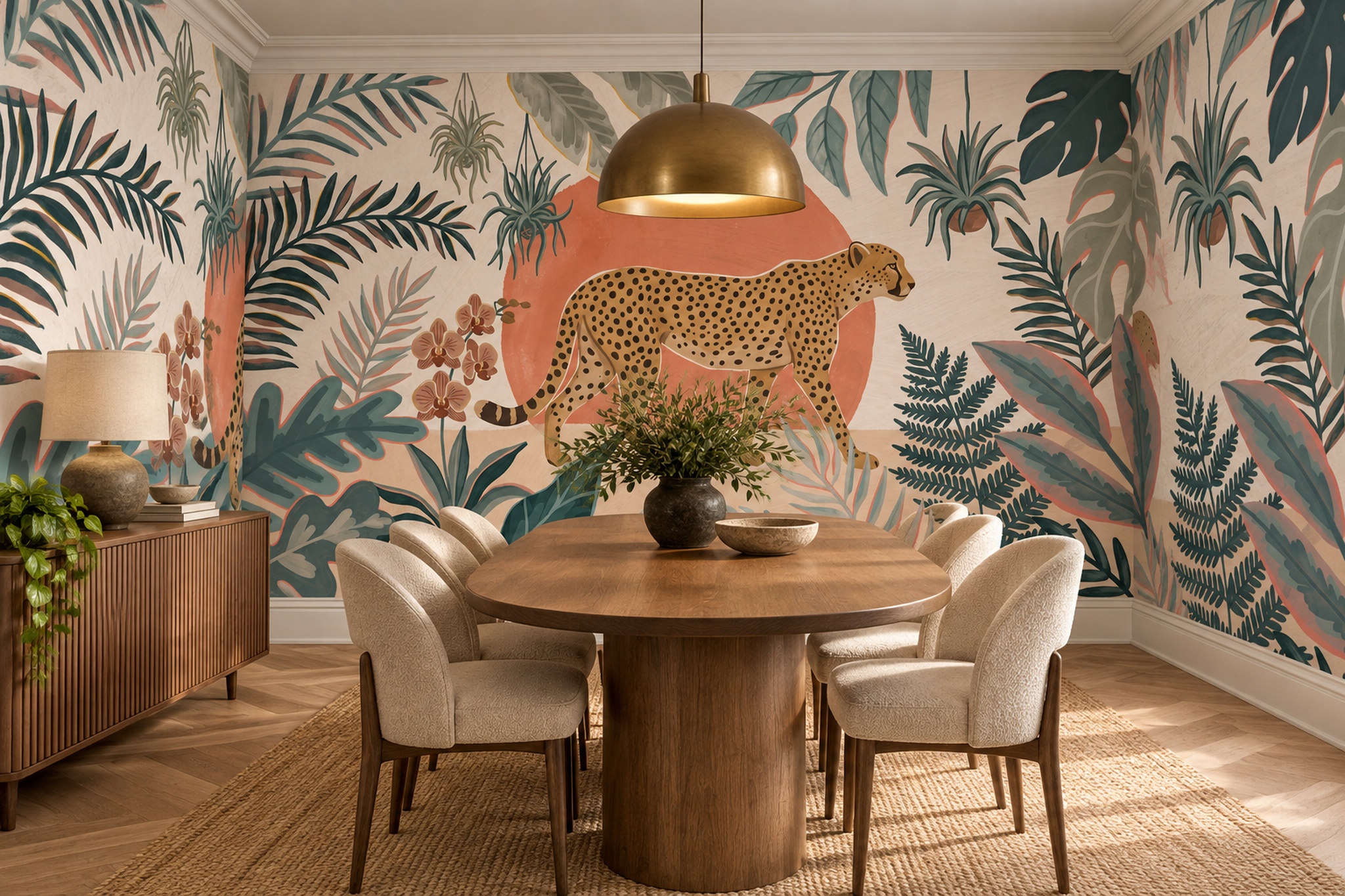 Peach Pattern Decorative Wallpaper Mural Layered Rhythm Wallpaper Mural Dining-room-wallpaper-murals, Shown In A Dining Room, Peel-and-stick Finish