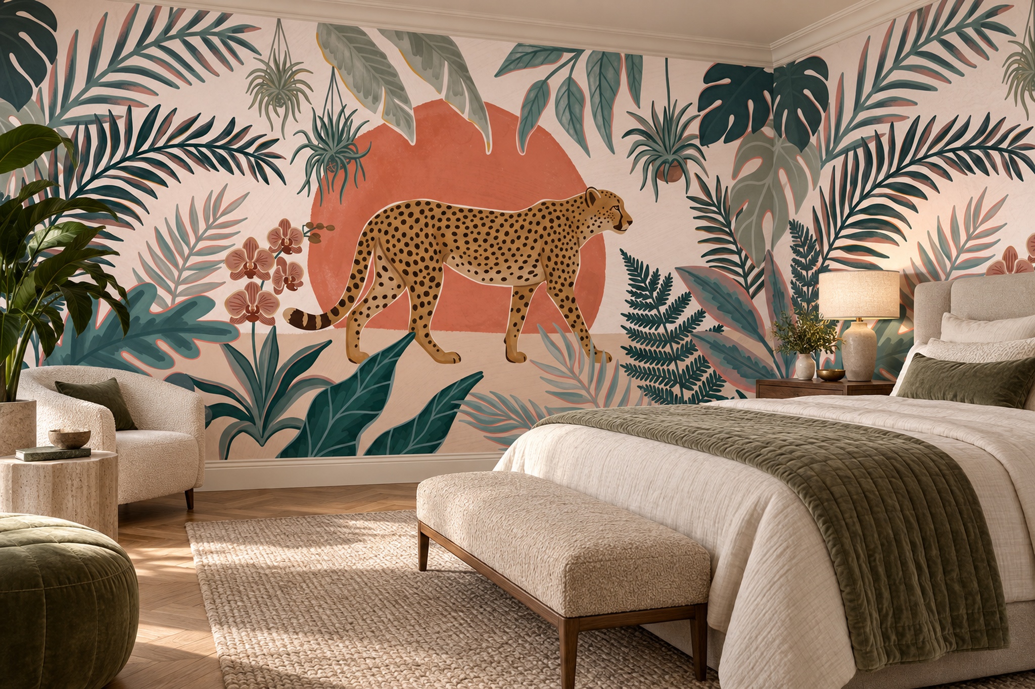 Tropical Leopard And Bold Foliage Wallpaper Mural — Installed Wallpaper Mural In A Bedroom, Peel-and-stick Finish