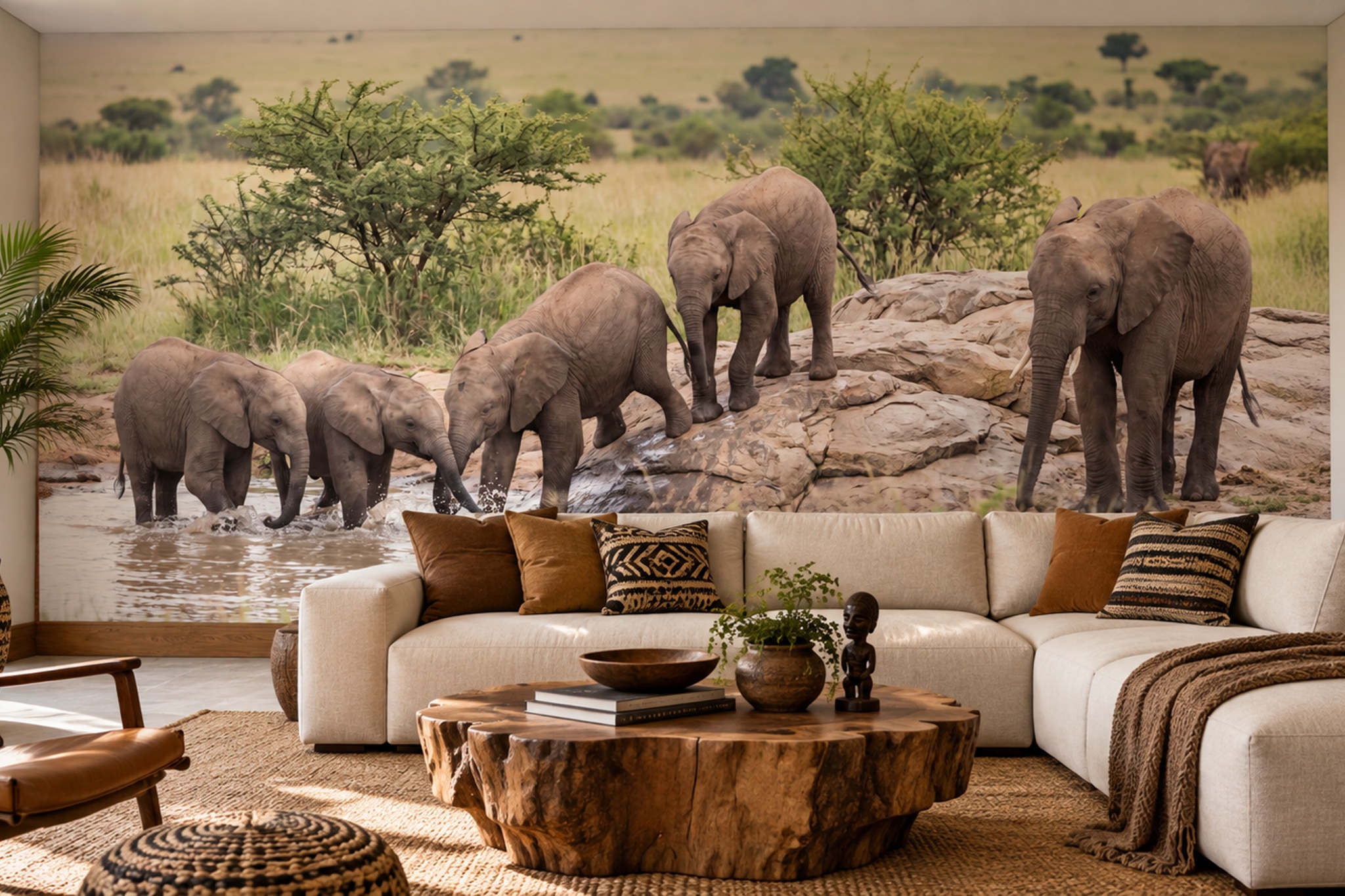 Elephant Family At A Watering Hole Wallpaper Mural — Installed Wallpaper Mural In A Bedroom, Peel-and-stick Finish
