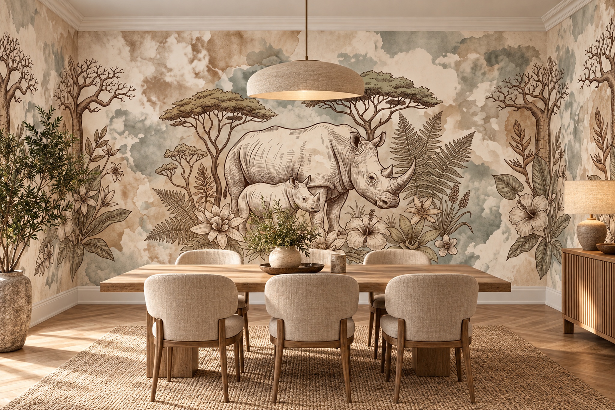 Rhinoceros And Calf In A Botanical Landscape Wallpaper Mural — Wallpaper Mural Design, Peel-and-stick Finish