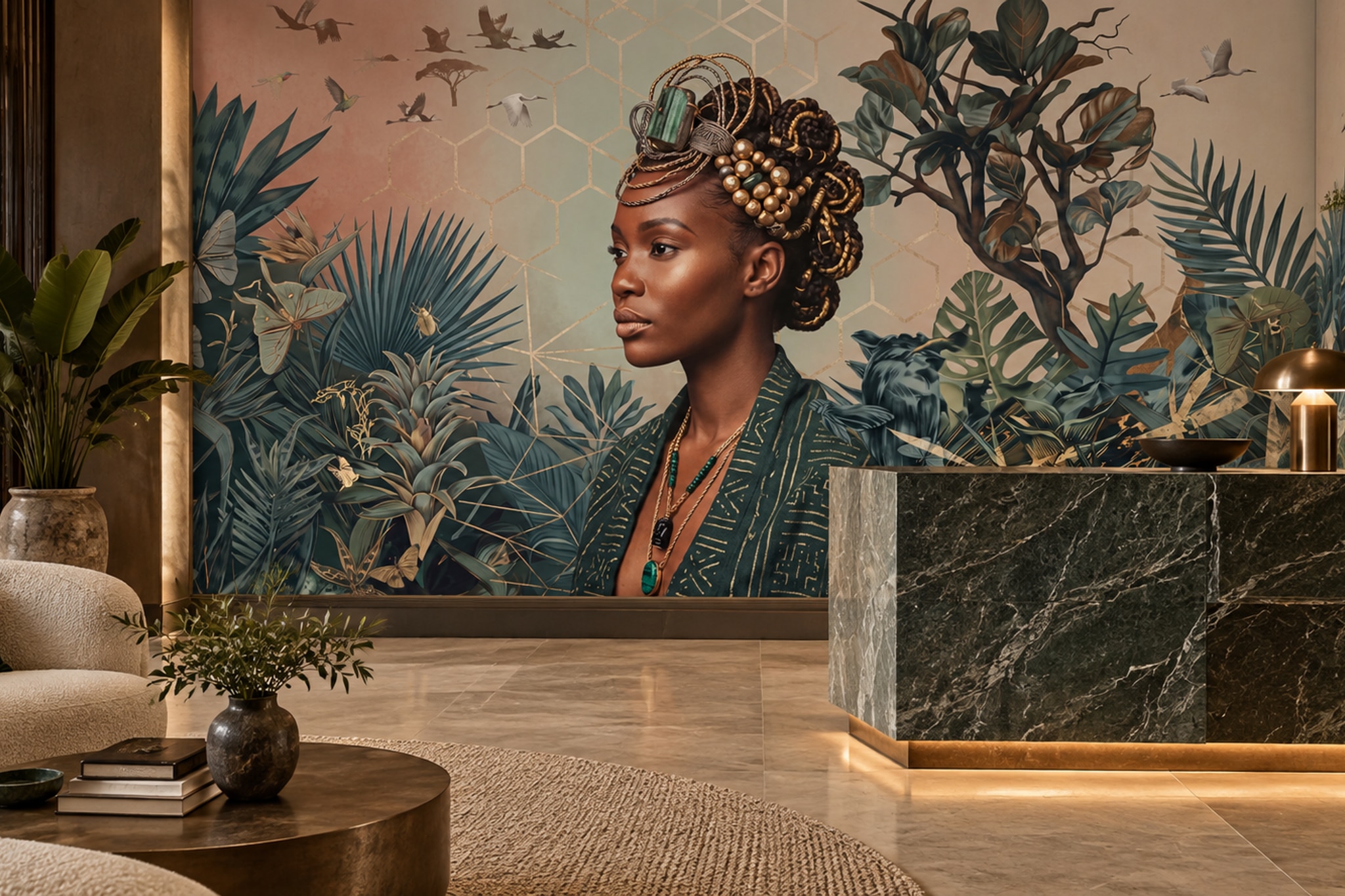 Tropical Portrait With Birds Wallpaper Mural — Wallpaper Mural Design, Peel-and-stick Finish