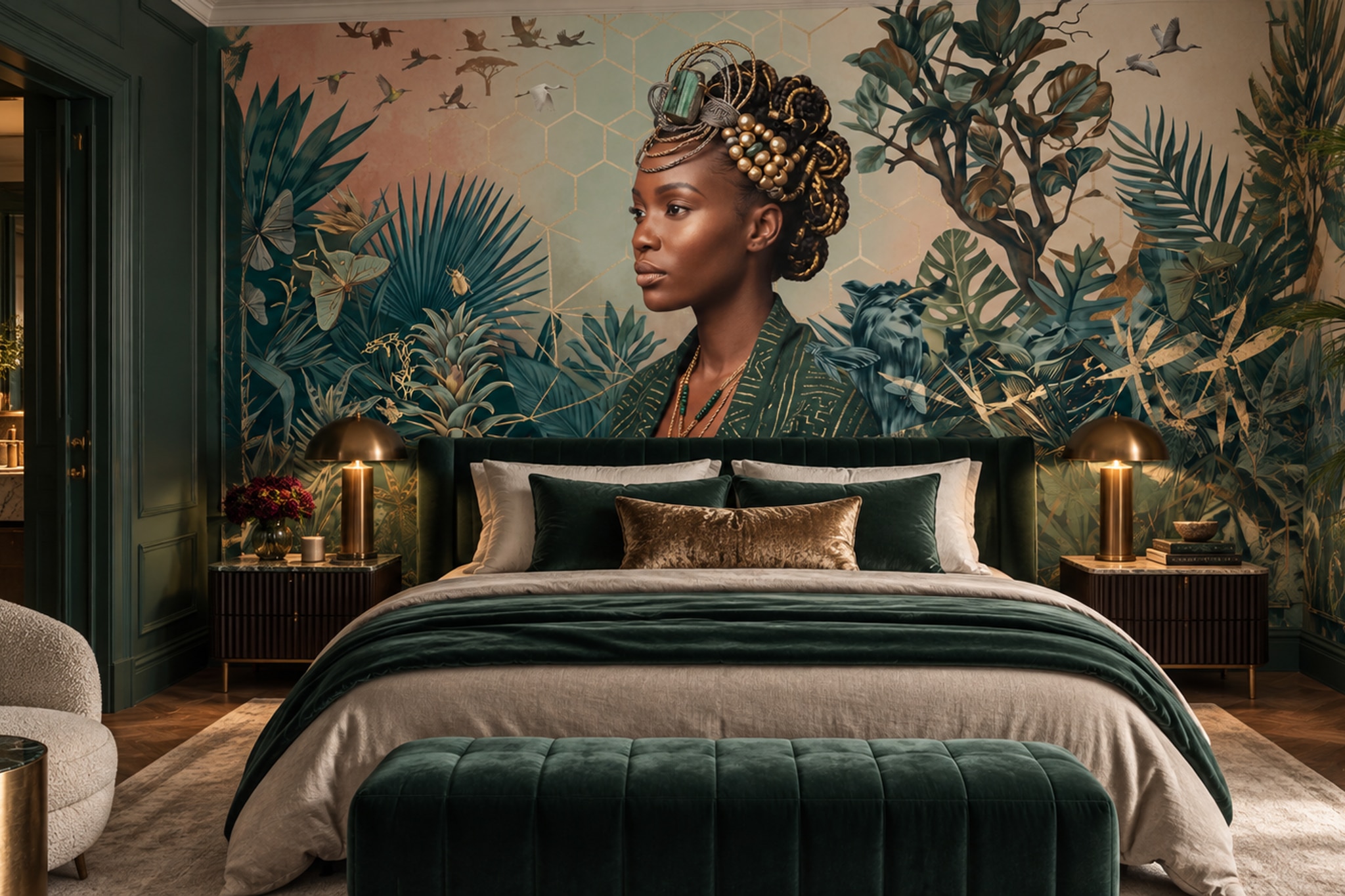 Green Pattern Decorative Wallpaper Mural Layered Quiet Forms Wallpaper Bedroom-wallpaper-murals, Peel-and-stick Finish
