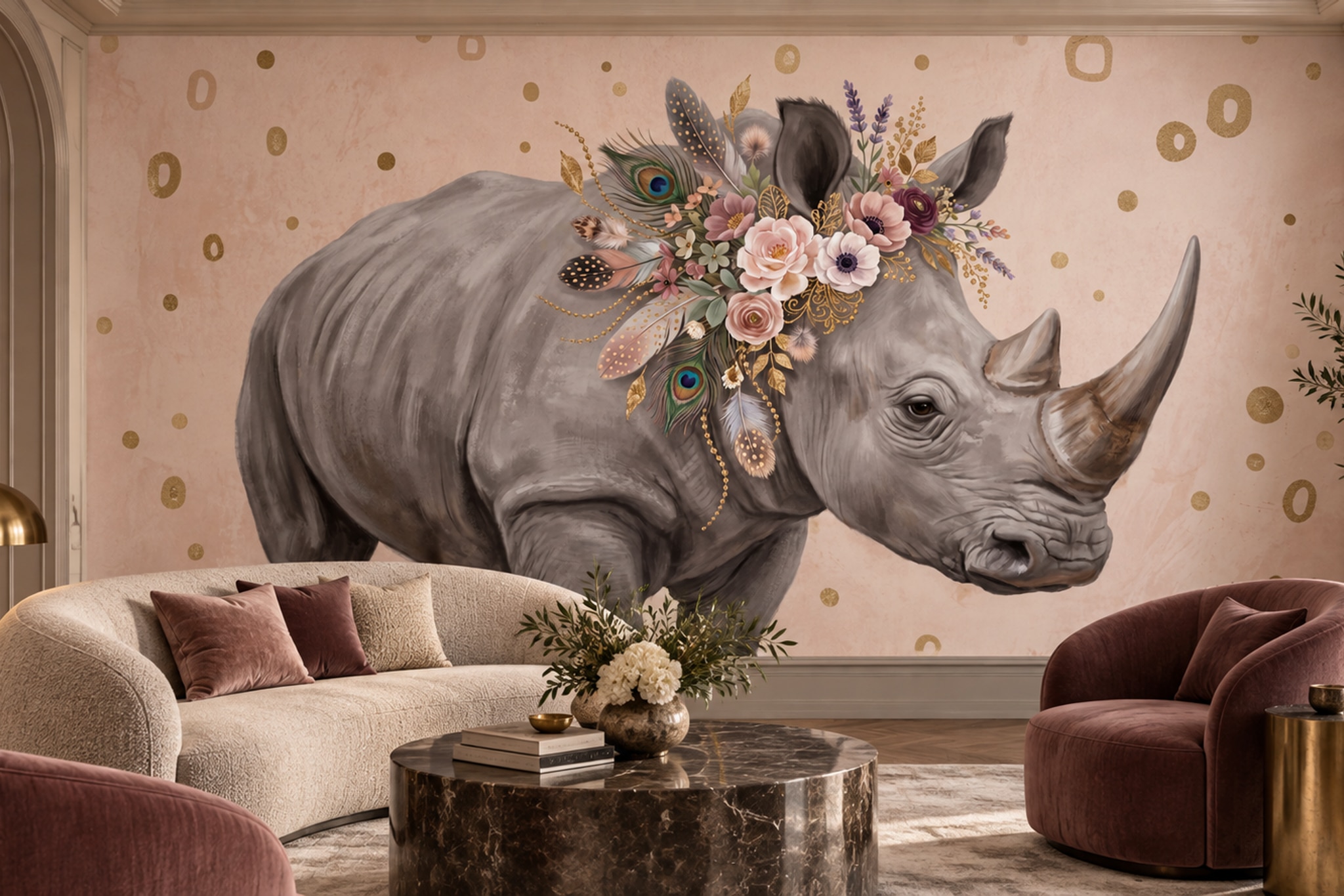 Grey Pattern Decorative Wallpaper Mural Layered Painterly Marks Living-room-wallpaper-murals, Shown In A Living Room, Peel-and-stick Finish