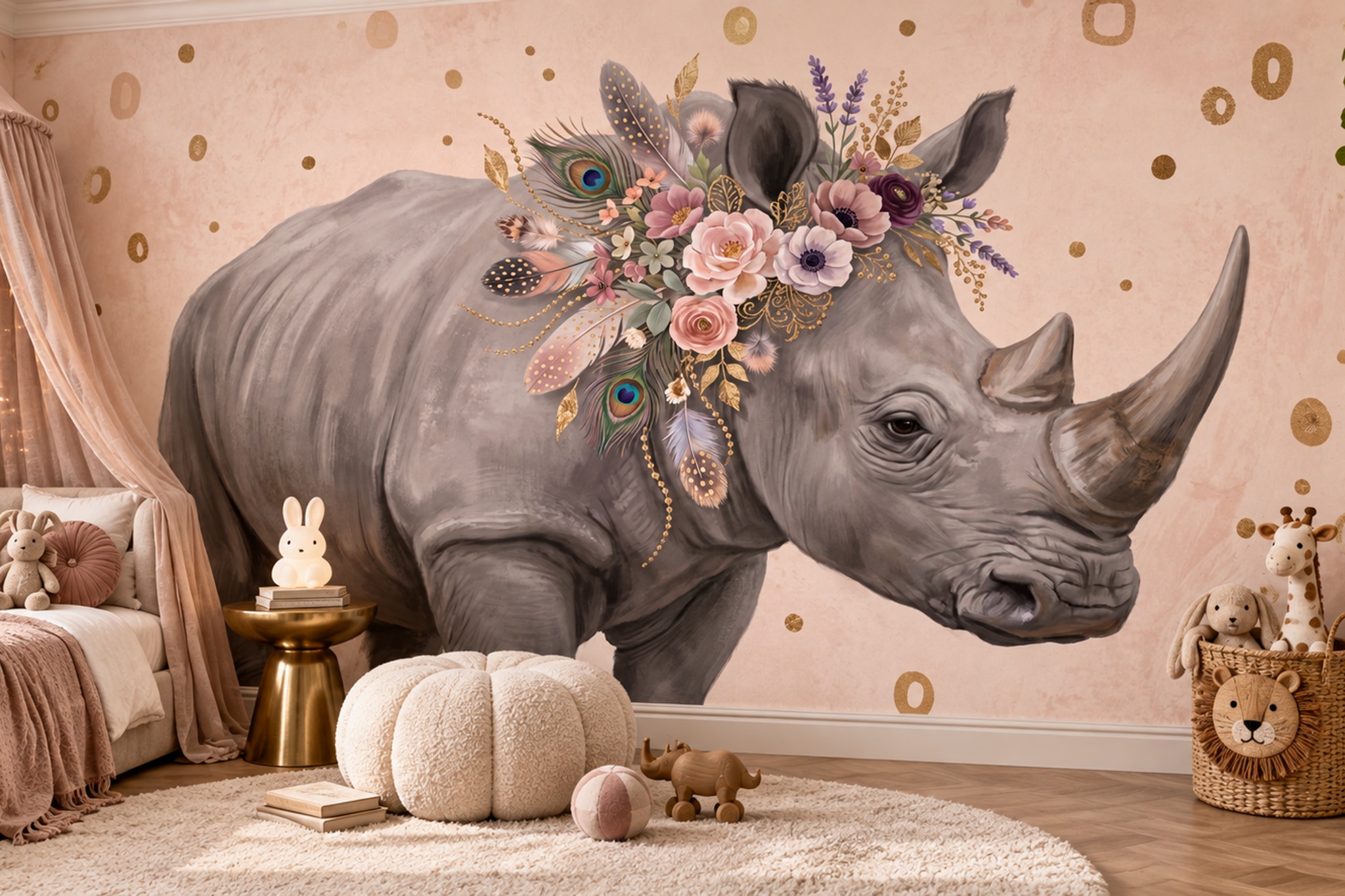 Floral Crown Rhinoceros Wallpaper Mural — Installed Wallpaper Mural In A Bedroom, Peel-and-stick Finish