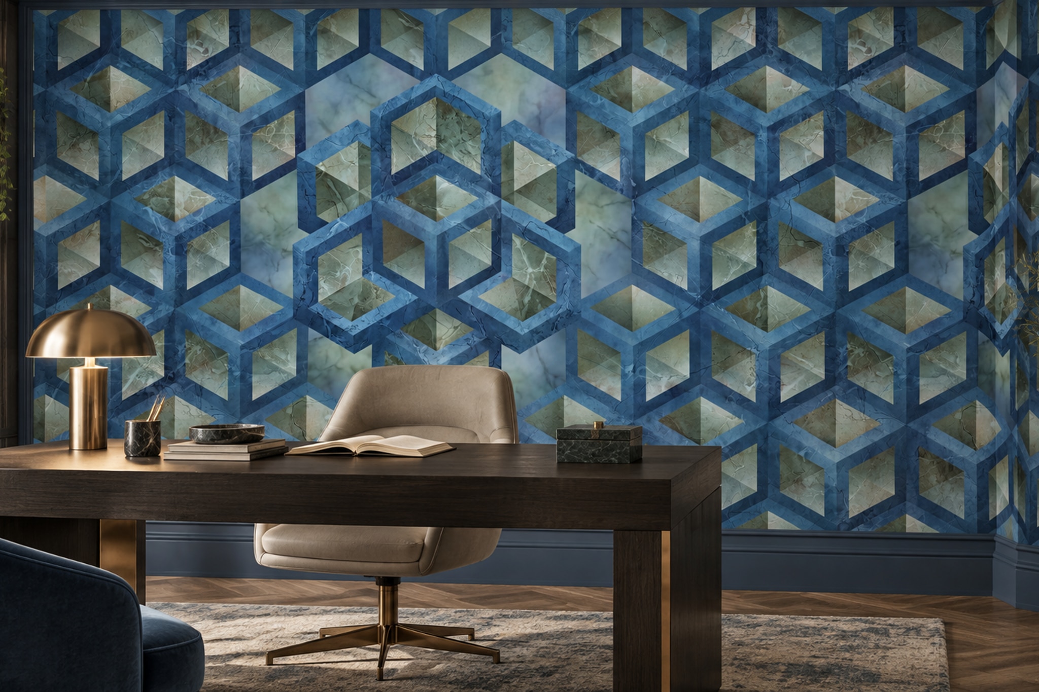 Blue Pattern Decorative Wallpaper Painterly Hand Painted Wallpaper Mural Living-room-wallpaper-murals, Shown In A Living Room, Peel-and-stick Finish