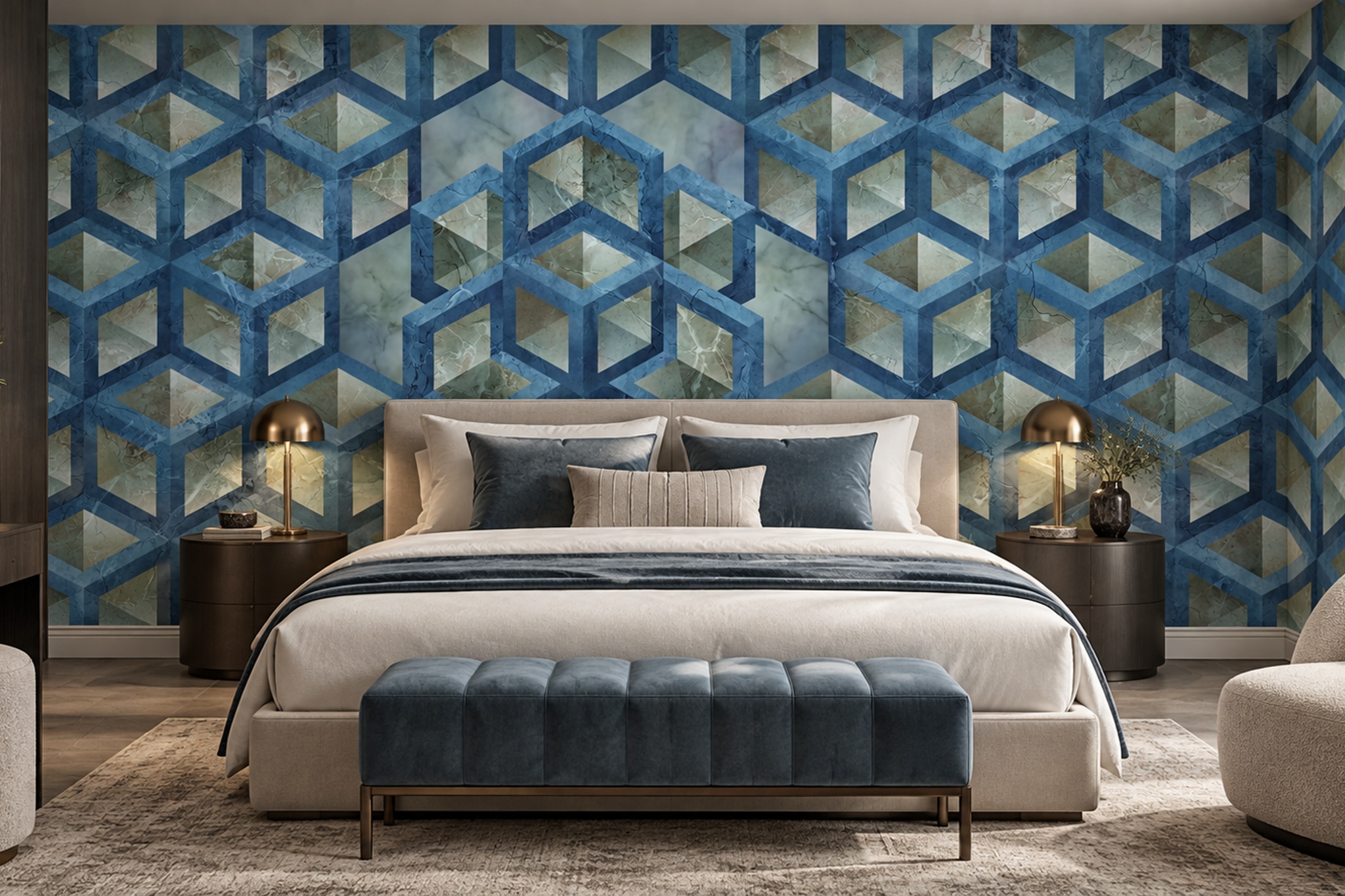 Blue Pattern Decorative Wallpaper Painterly Hand Painted Wallpaper Mural Bedroom-wallpaper-murals, Peel-and-stick Finish