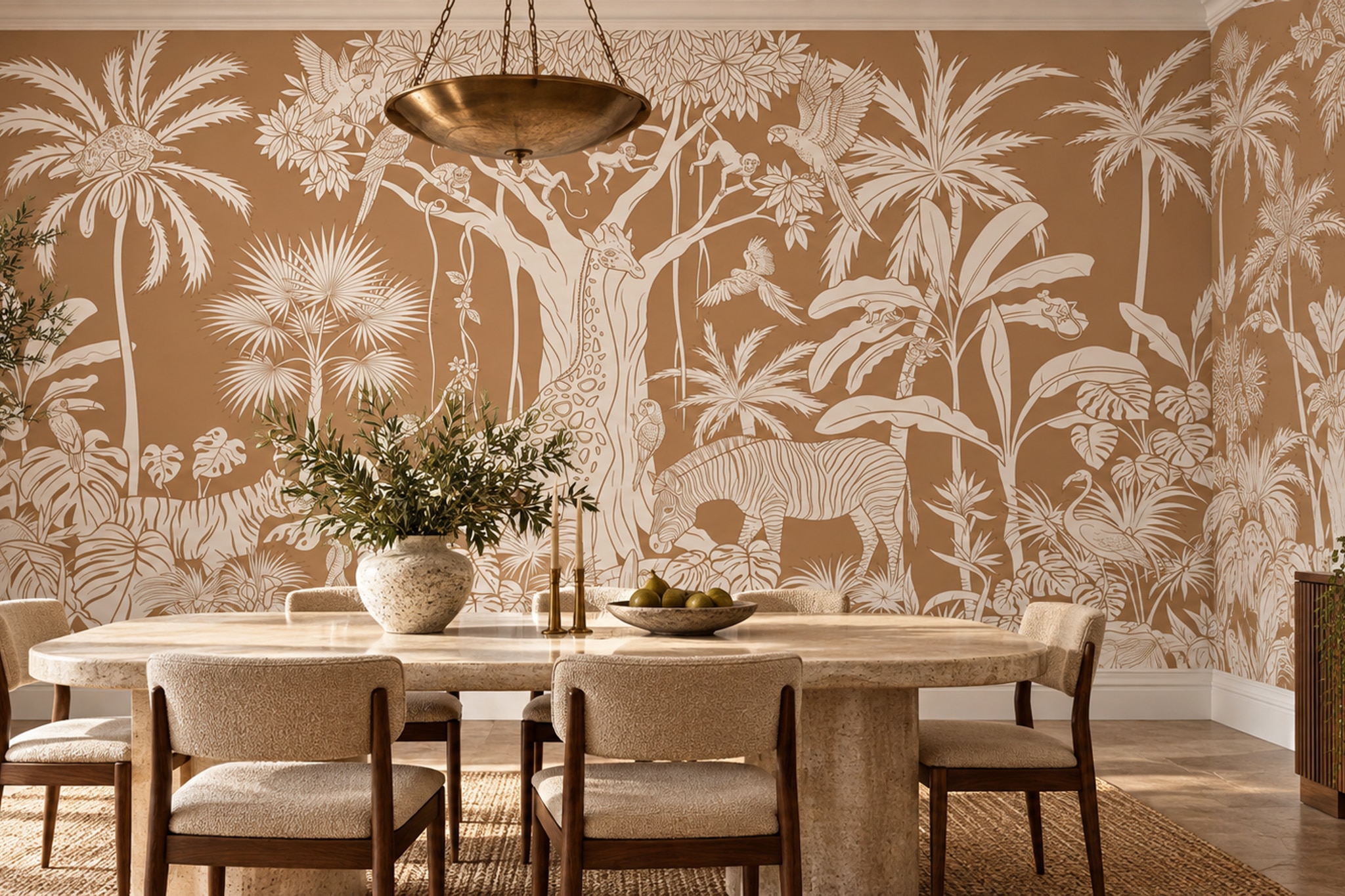 Tan Safari Animals And Palm Trees Wallpaper Mural — Wallpaper Mural Design, Peel-and-stick Finish