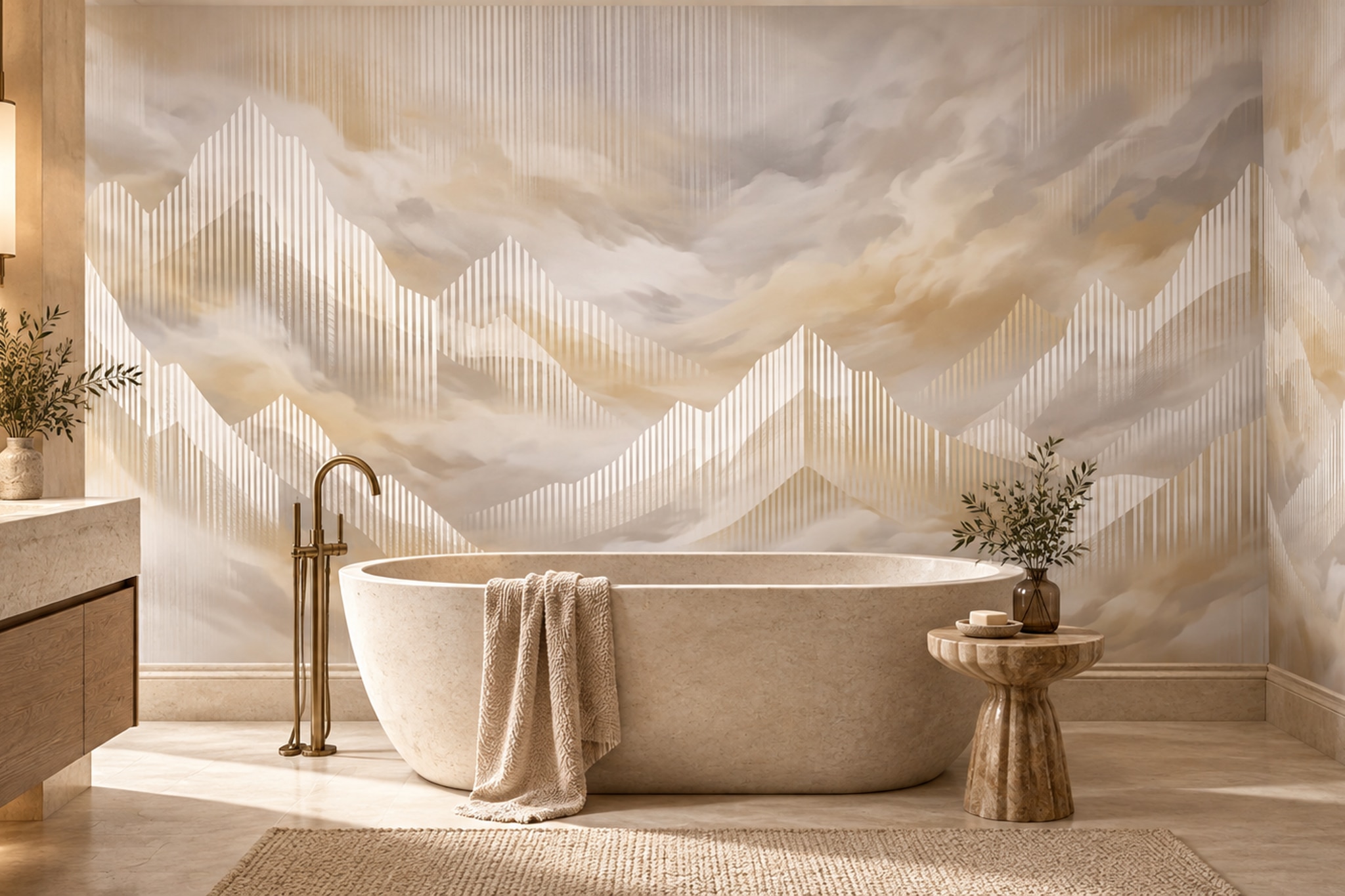Beige Mountain Scenic Decorative Wallpaper Mural Living-room-wallpaper-murals, Peel-and-stick Finish