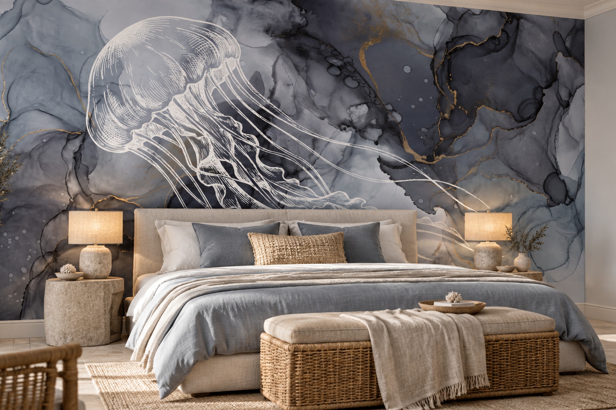 Grey Jellyfish Illustrated Wallpaper Mural Living-room-wallpaper-murals, Shown In A Living Room, Peel-and-stick Finish