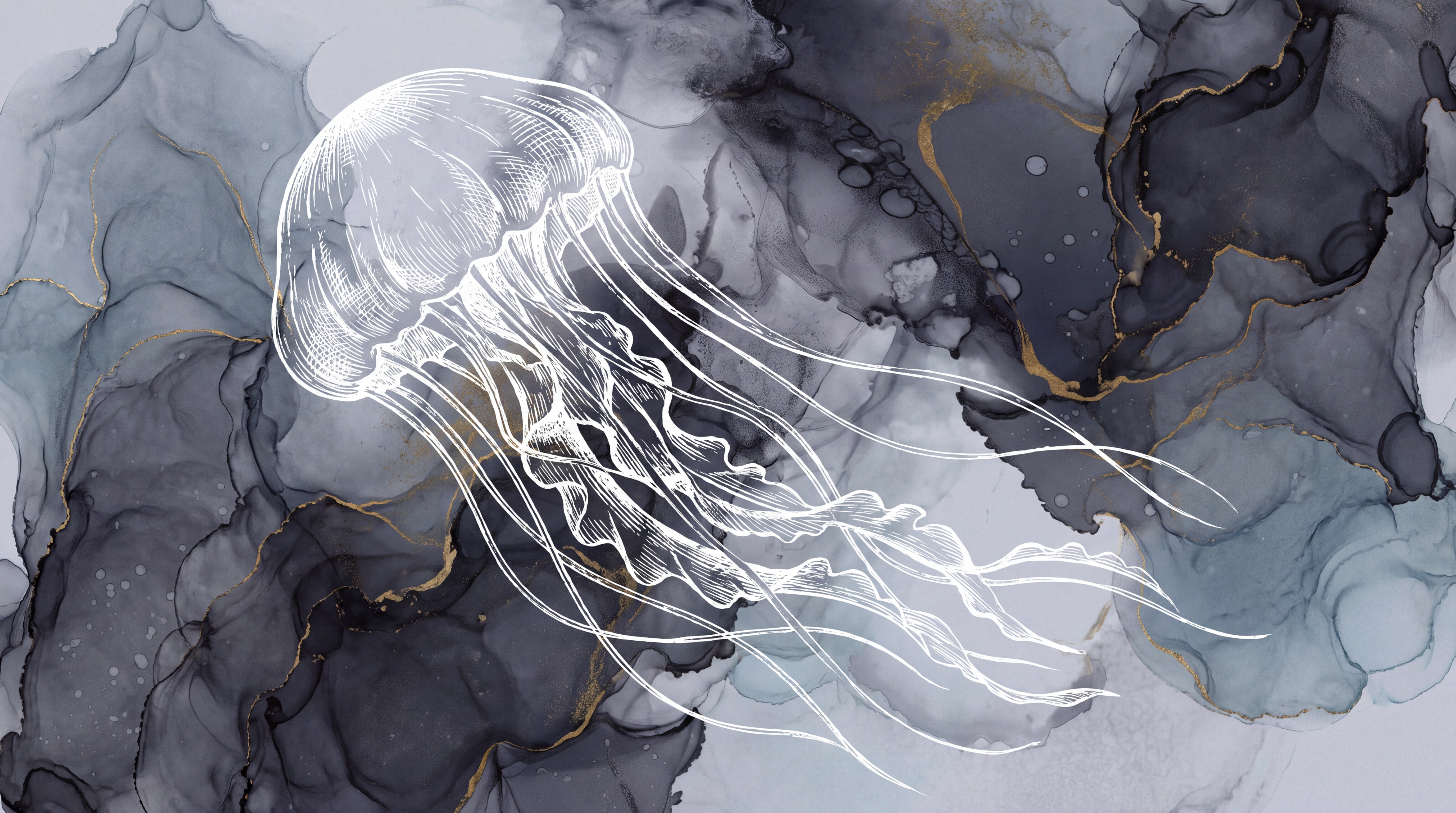 Grey Jellyfish Illustrated Wallpaper Mural, Peel-and-stick Finish