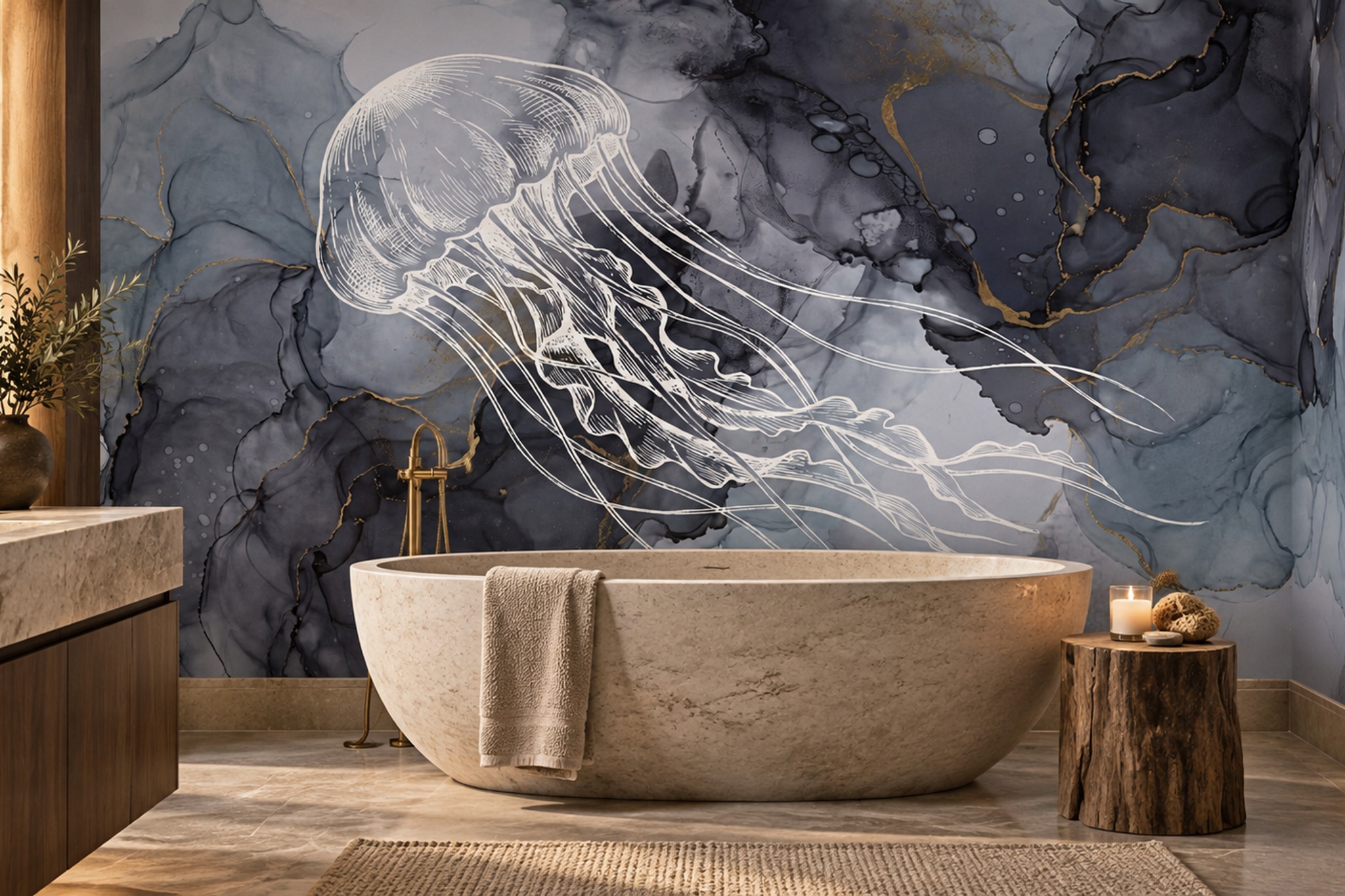 Grey Jellyfish Illustrated Wallpaper Mural Bedroom-wallpaper-murals, Peel-and-stick Finish